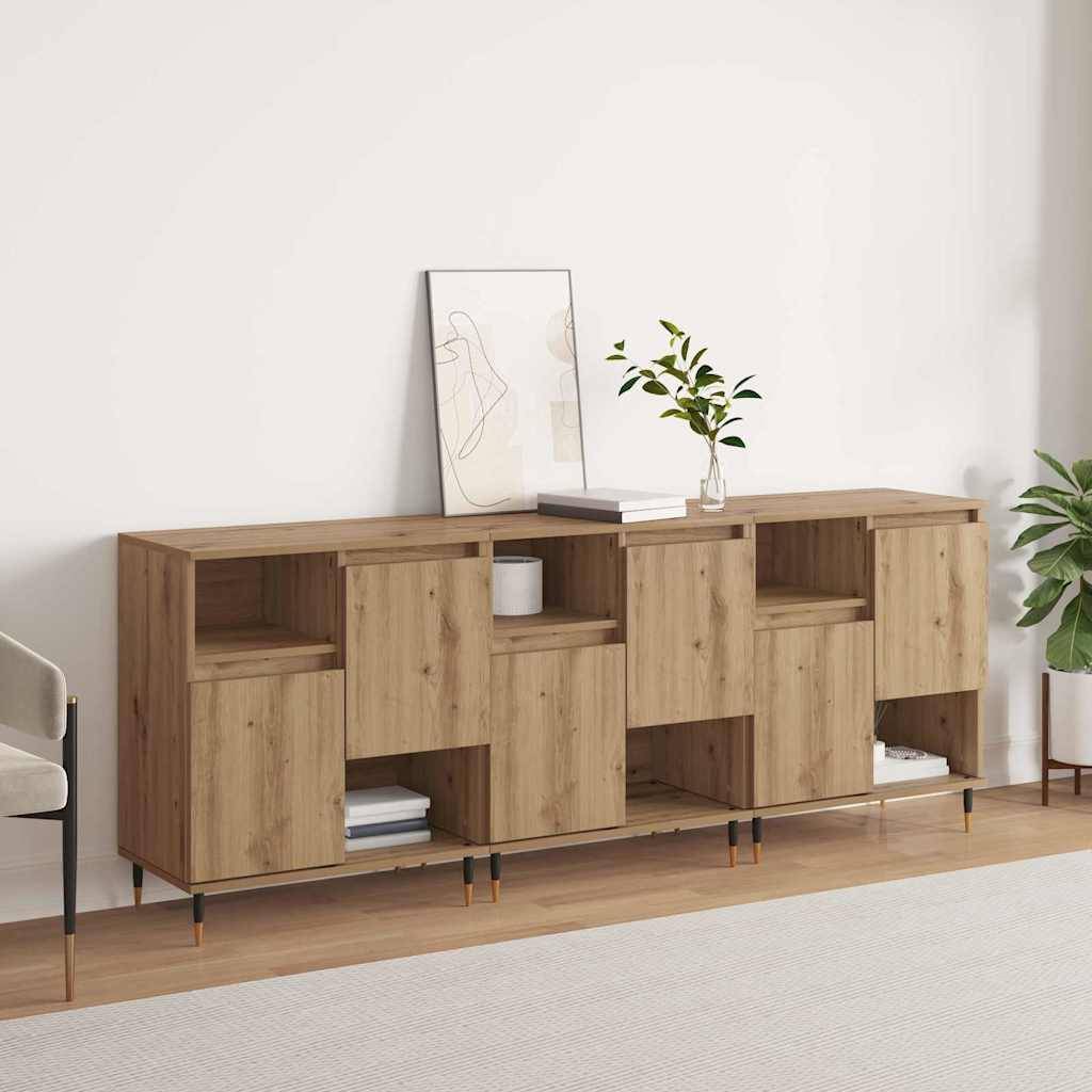 Modernes Holzsideboard mit geometrischem Design, ausgestattet mit Regalen und Fächern. Dekoriert mit einem gerahmten abstrakten Kunstwerk und einer Pflanze.
