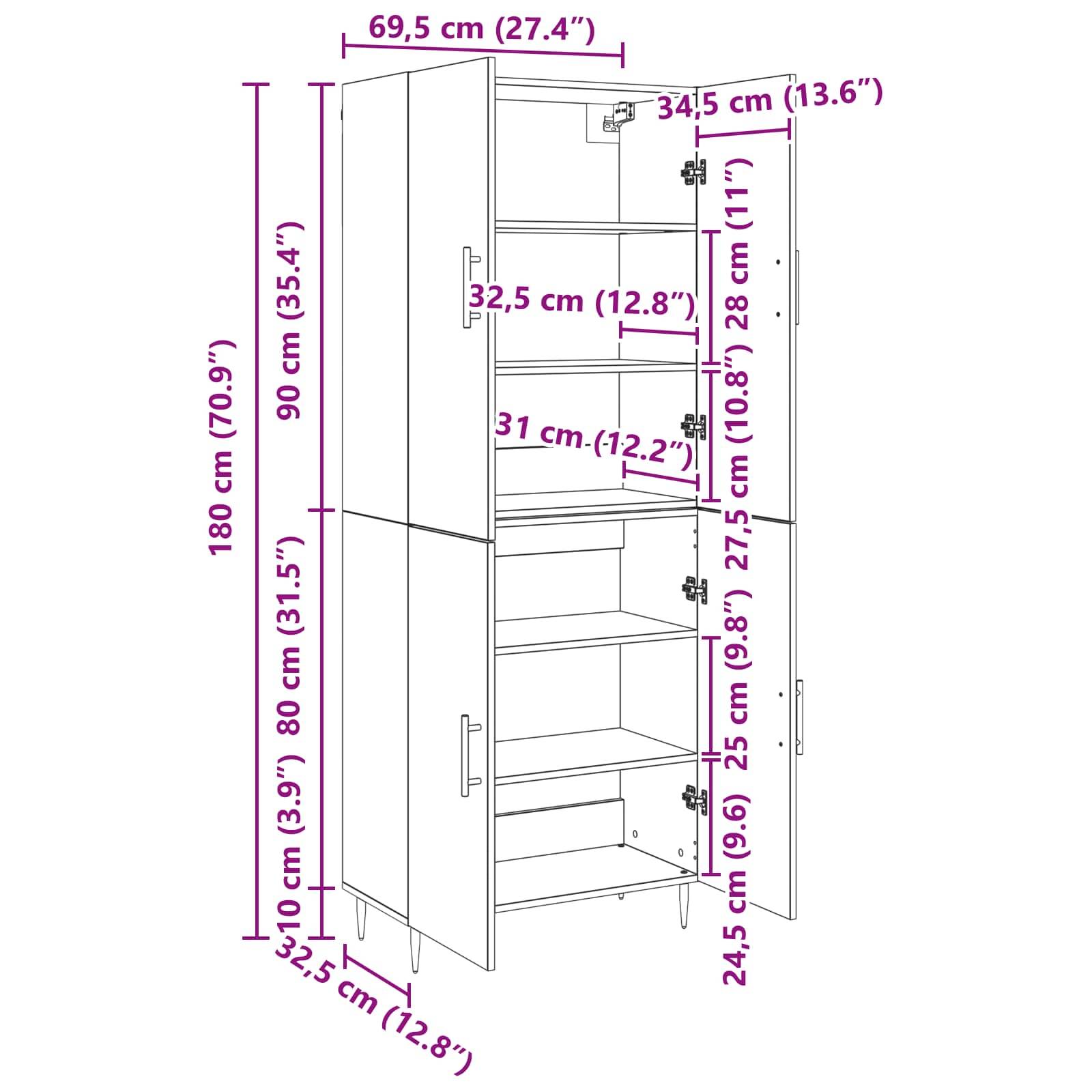 Bemesstes Diagramm eines hohen Schranks mit offenen Türen, das zeigt: Gesamtgröße 180 cm hoch, 69,5 cm breit, 32,5 cm tief und interne Regalhöhen.