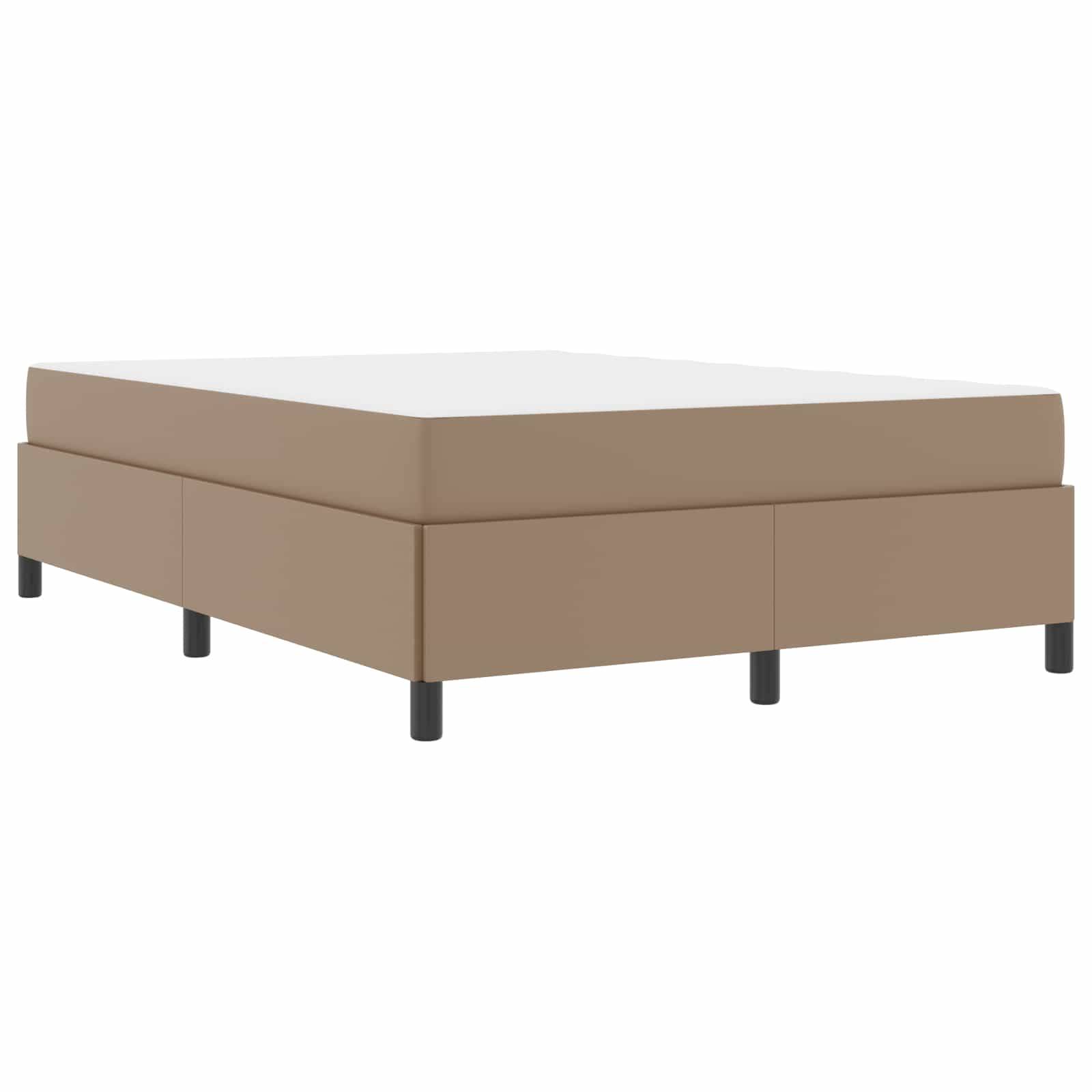Ein beiger Plattformbett mit minimalistischem Design, ausgestattet mit einer stabilen rechteckigen Basis und kurzen schwarzen Beinen, ideal für moderne Schlafzimmereinrichtung.
