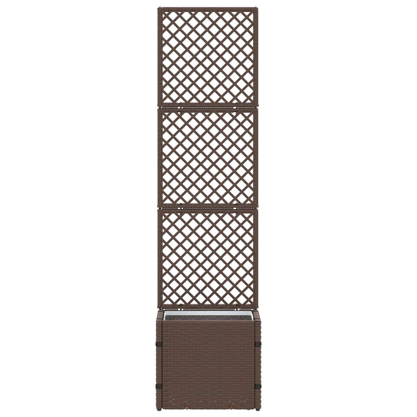 Ein brauner Gitterblumentopf mit hohem Rankgerüstdesign, geeignet zum Stützen von Kletterpflanzen.