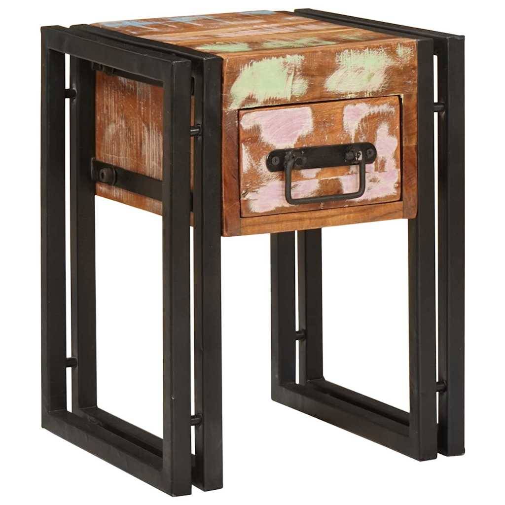 Ein kleiner Holz-Beistelltisch mit einer bunten, abgenutzten Oberfläche und einem Metallgriff an der Schublade. Der schwarze Metallrahmen verleiht ihm einen industriellen Look.