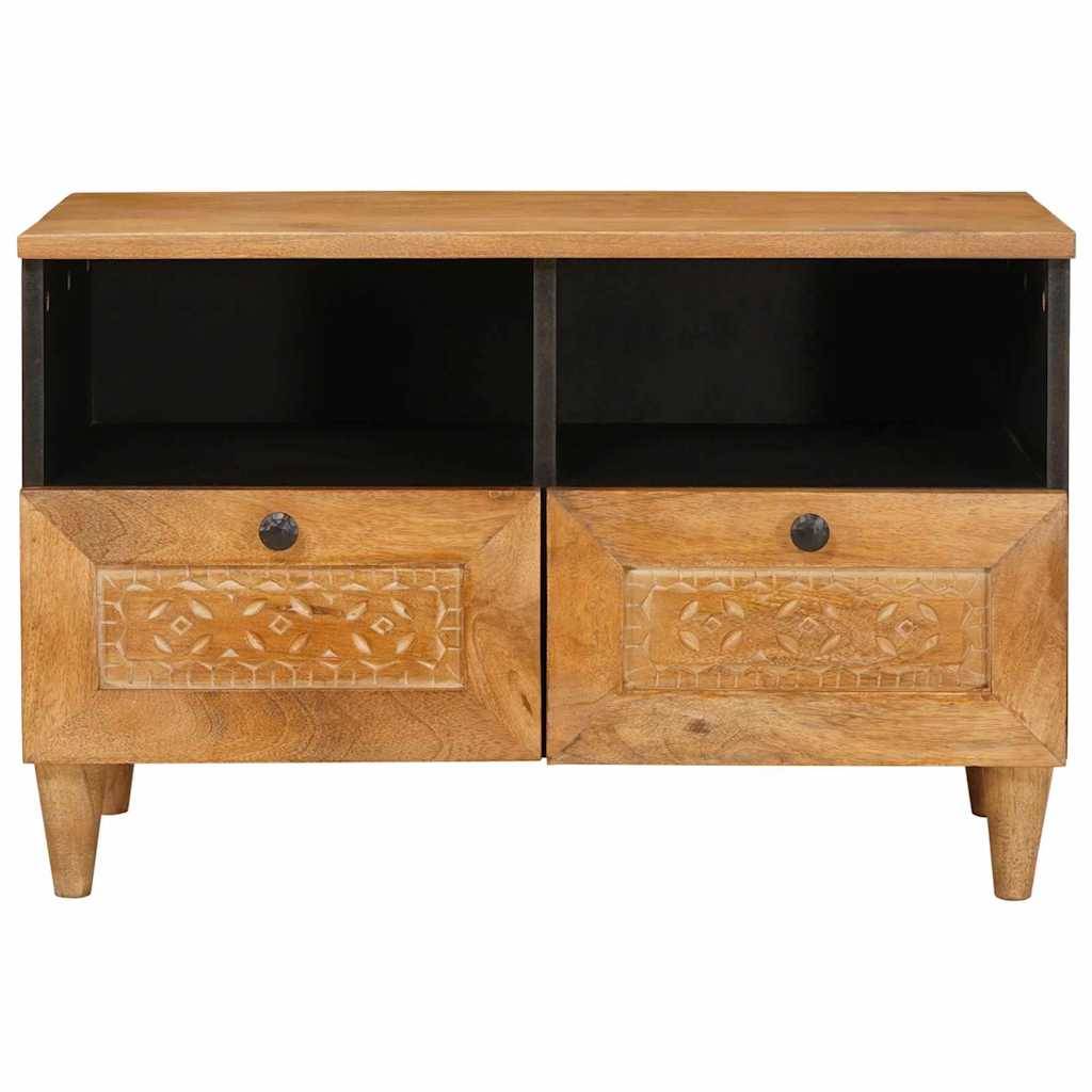 TV-Ständer aus Holz mit zwei offenen Regalen und zwei Schubladen. Die Schubladen verfügen über geschnitzte geometrische Muster und runde schwarze Griffe.