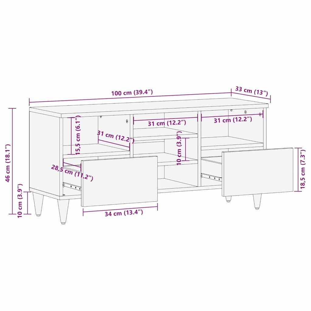vidaXL TV-Schränk mit Regal Schwarz 100 x 33 x 46 cm Massivholz Mango