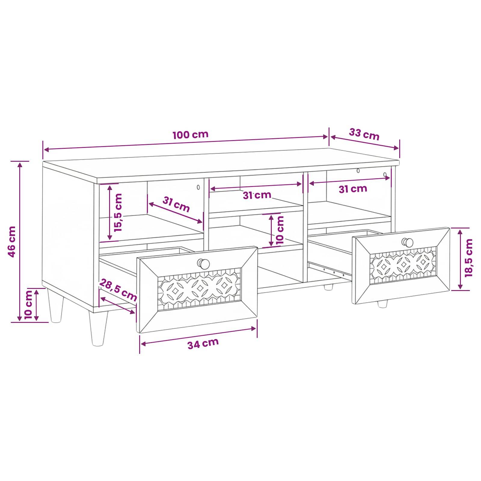 Illustrierter dreigeteilter Schrank mit zwei vorderen Schubladen, mit Abmessungen: 100 cm breit, 46 cm hoch, 33 cm tief, mit markierten Schubladenbau- und Regalbodenteilungsgrößen.
