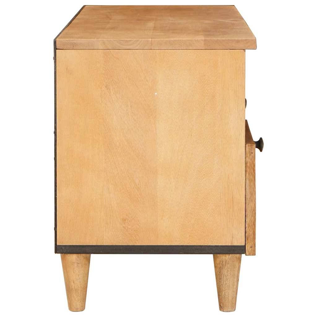 Kleiner Holzschrank mit schräger Oberseite und zwei konischen Beinen, vor weißem Hintergrund gezeigt.