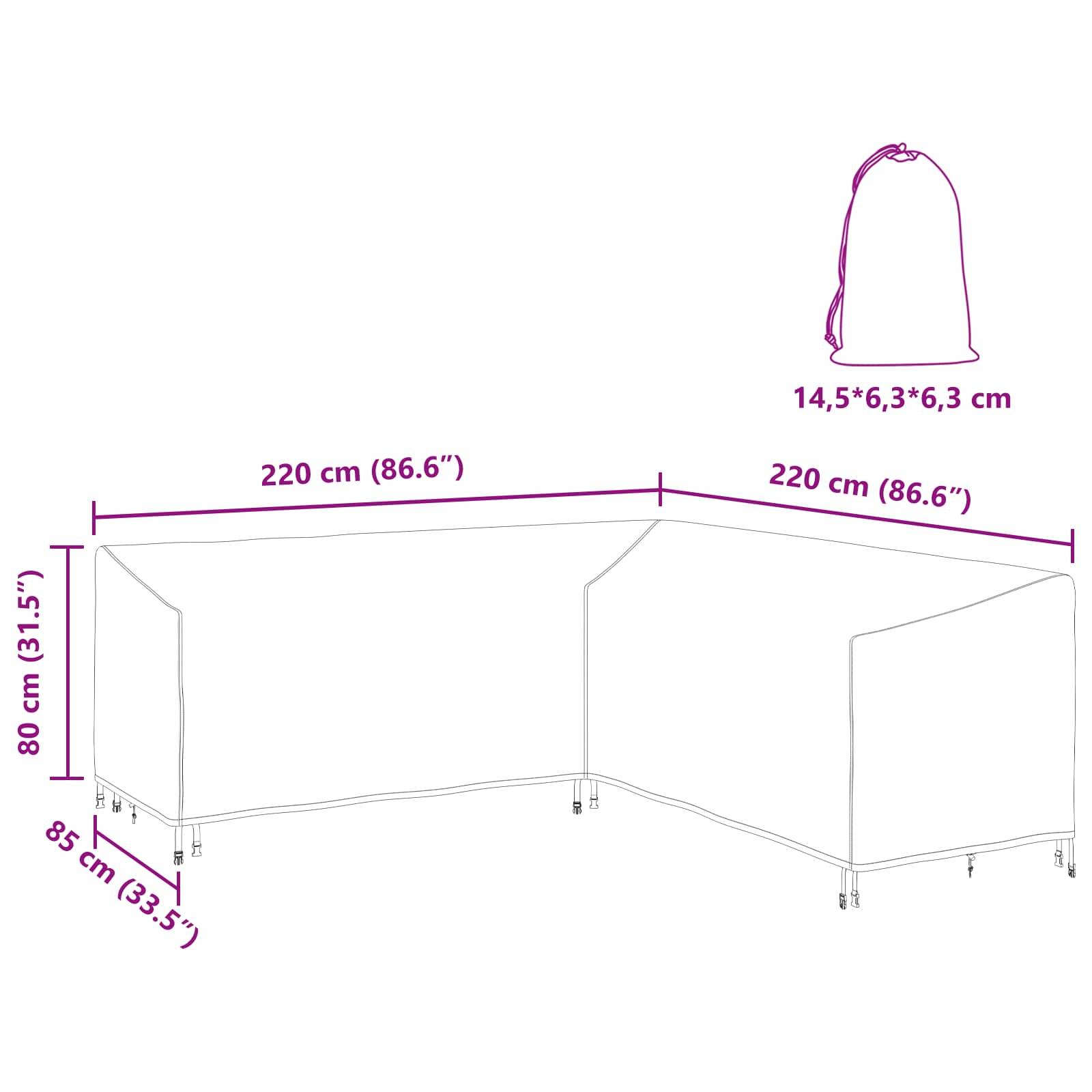 L'-förmige Außenmöbel-Abdeckung Maße: 220 cm x 85 cm x 80 cm.Inklusive Tasche: 14,5 cm x 6,3 cm x 6,3 cm.
