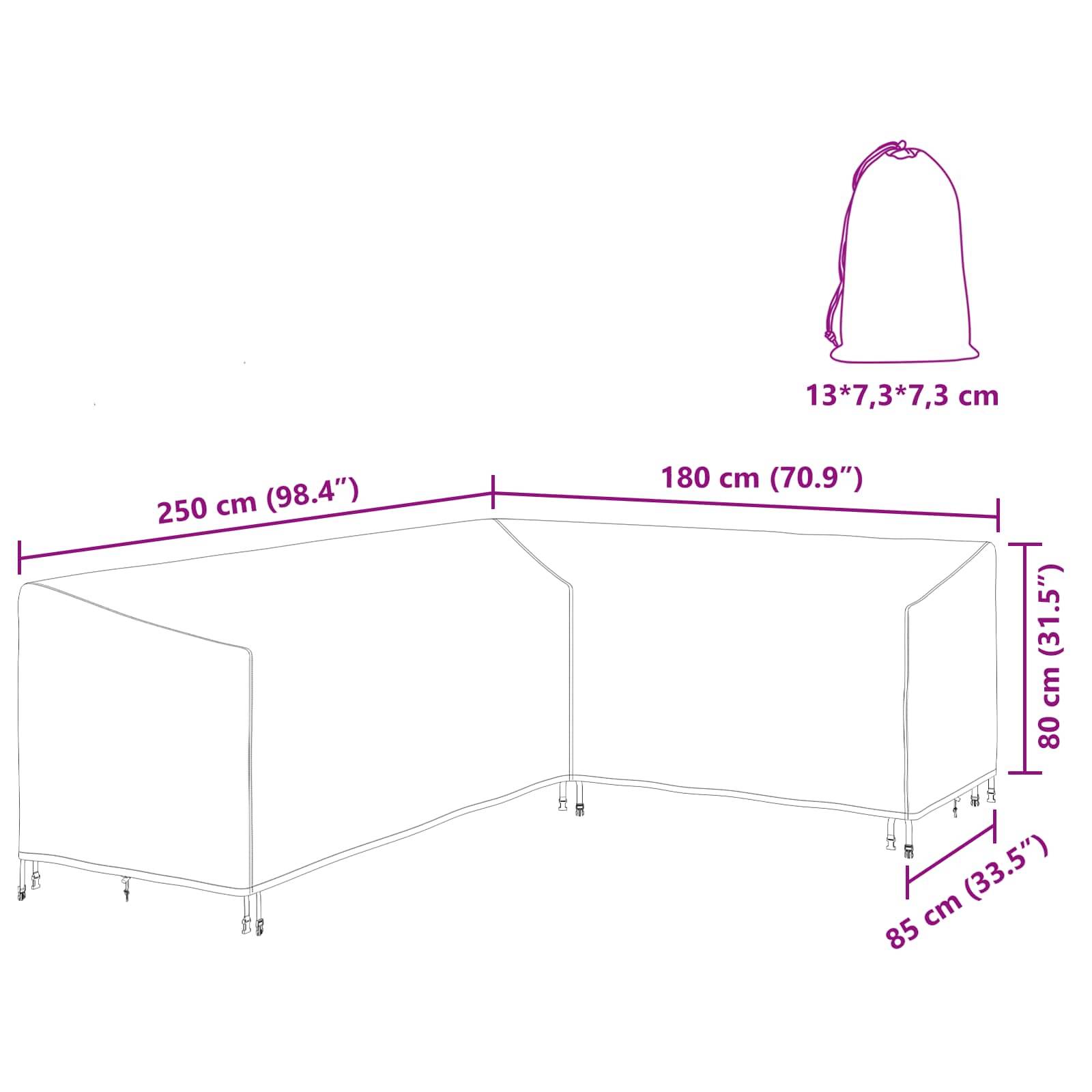 Abmessungen einer L-förmigen Tischdecke mit lila Umrandung und Maßangaben: 250 cm x 180 cm x 85 cm hoch, mit einer Verpackungsgröße von 13 x 7,3 x 7,3 cm.