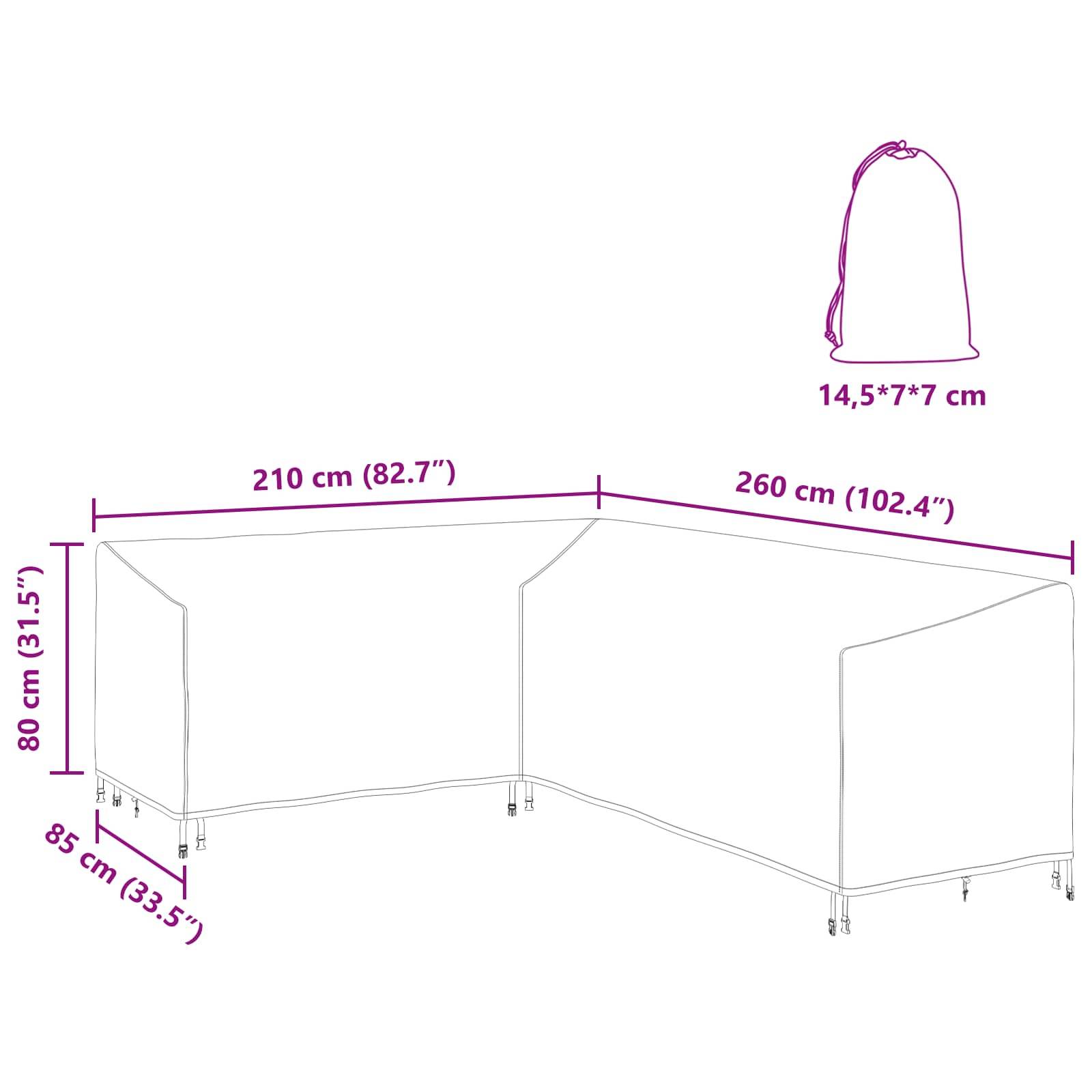 Skizze einer L-förmigen Möbelabdeckung mit Maßen: 210 cm x 85 cm x 80 cm auf einer Seite, 260 cm auf der anderen. Inklusive Aufbewahrungstasche.