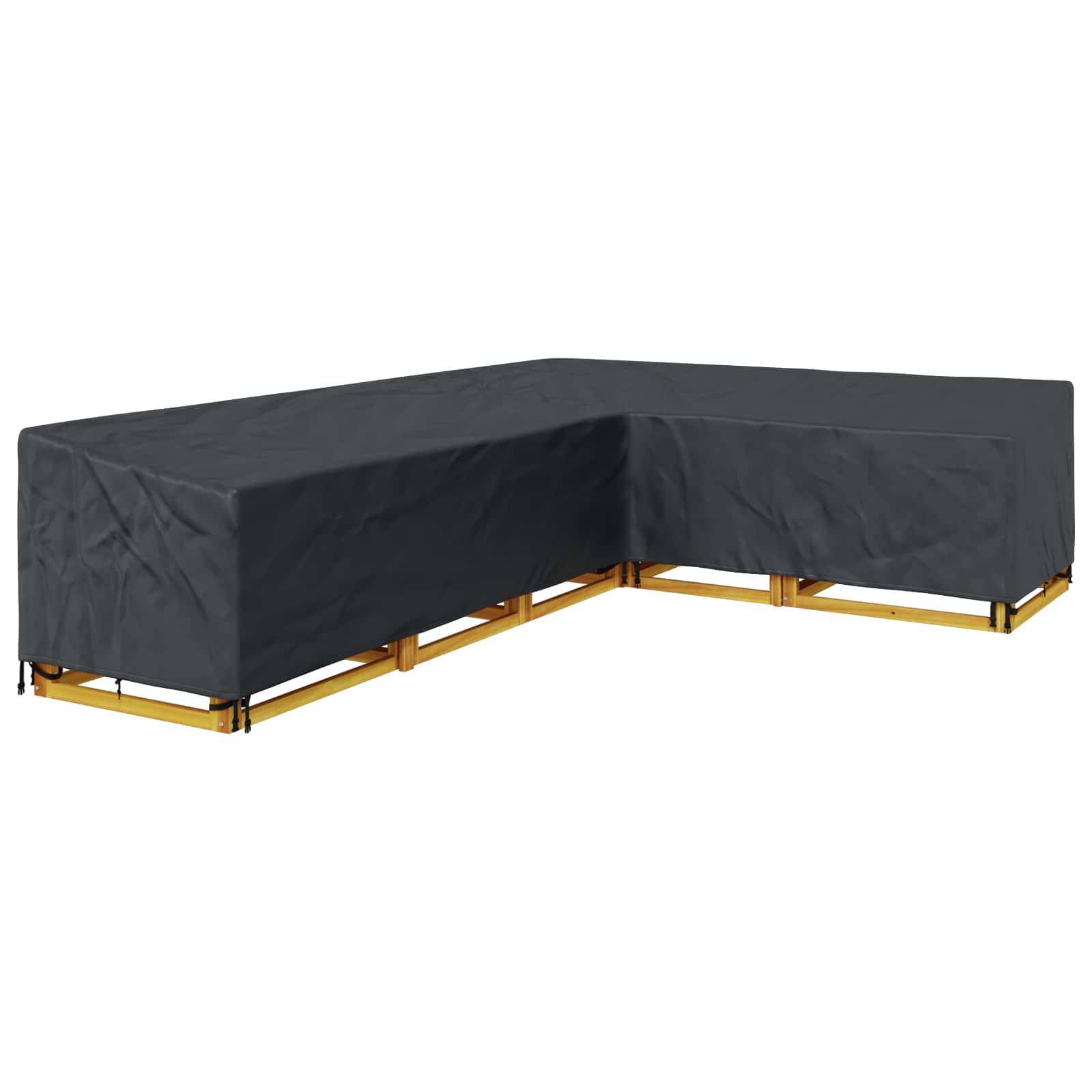 „L-förmiges Patio-Ecksofa mit schwarzer Schutzabdeckung, platziert auf einem Holzdeck, wobei der Fokus auf dem Schutz von Gartenmöbeln liegt.