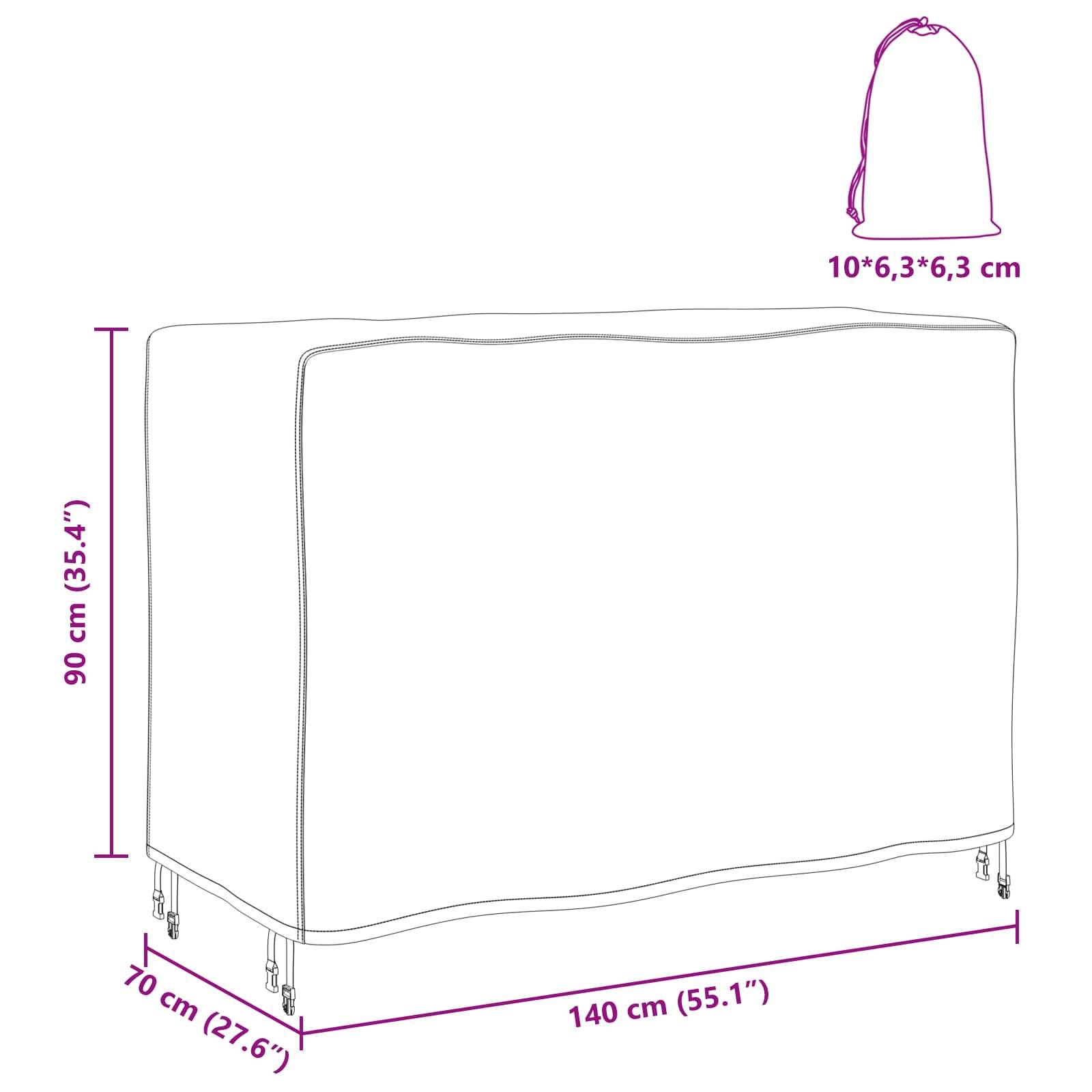 Gartenmöbel-Schutzhülle mit Abmessungen: 140 cm Breite, 70 cm Tiefe, 90 cm Höhe. Inklusive Aufbewahrungstasche (10*6,3*6,3 cm).