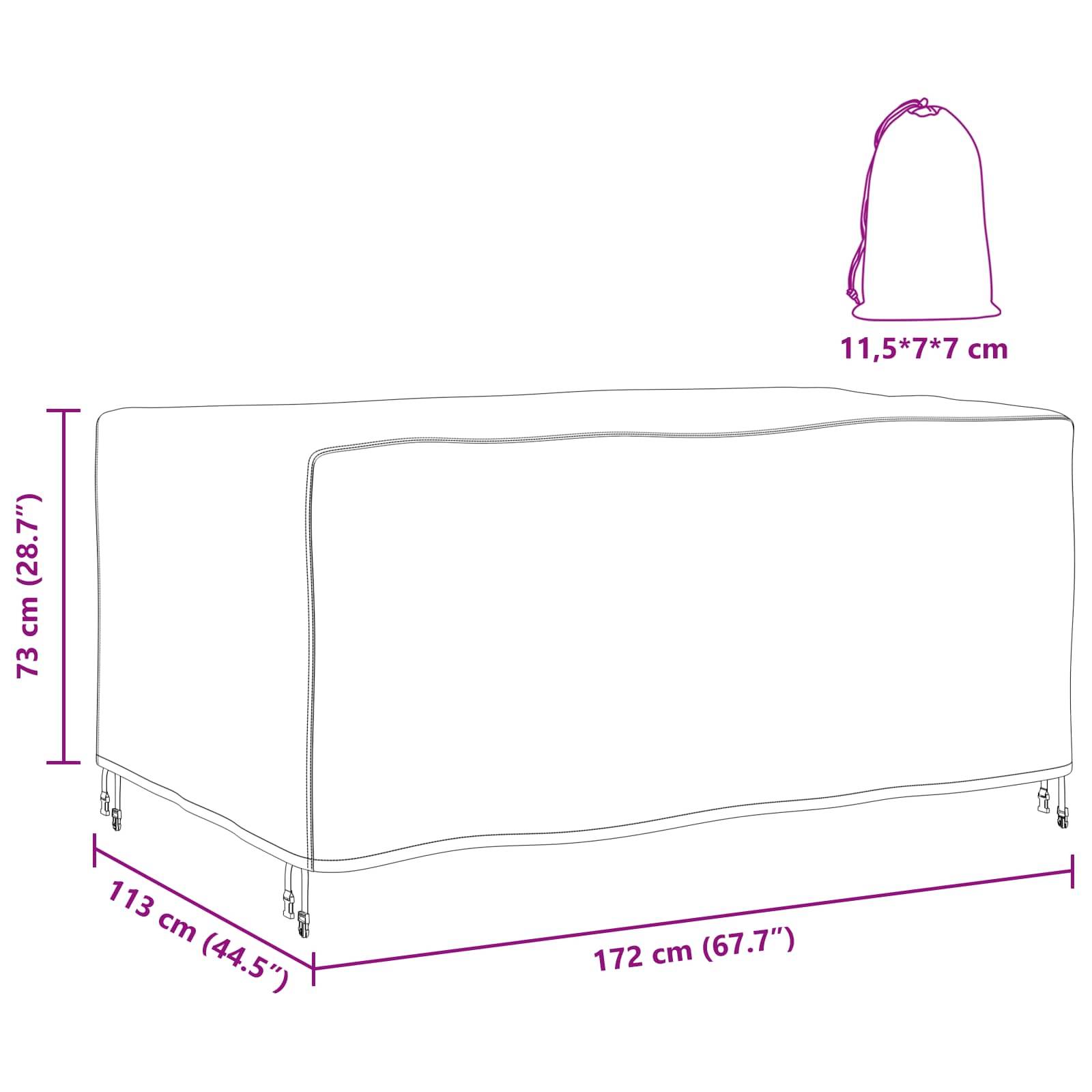 Eine Skizze einer rechteckigen Möbelabdeckung mit Abmessungen: 73 cm Höhe, 172 cm Breite, 113 cm Tiefe. Enthält eine Aufbewahrungstasche mit Maßen von 11,5 x 7 x 7 cm.