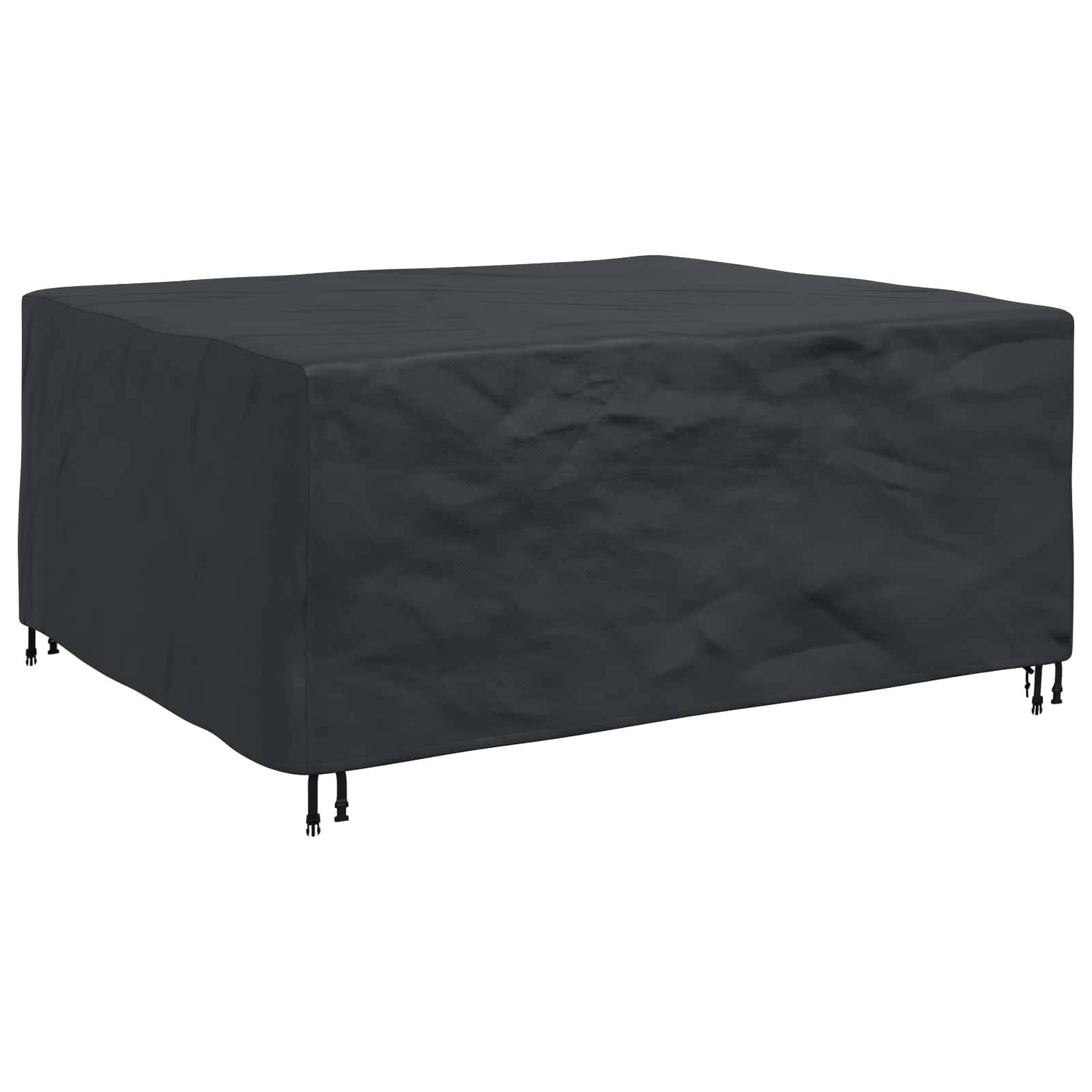 Schwarze Tischdecke, die einen rechteckigen Tisch von der Seite geschützt bedeckt.