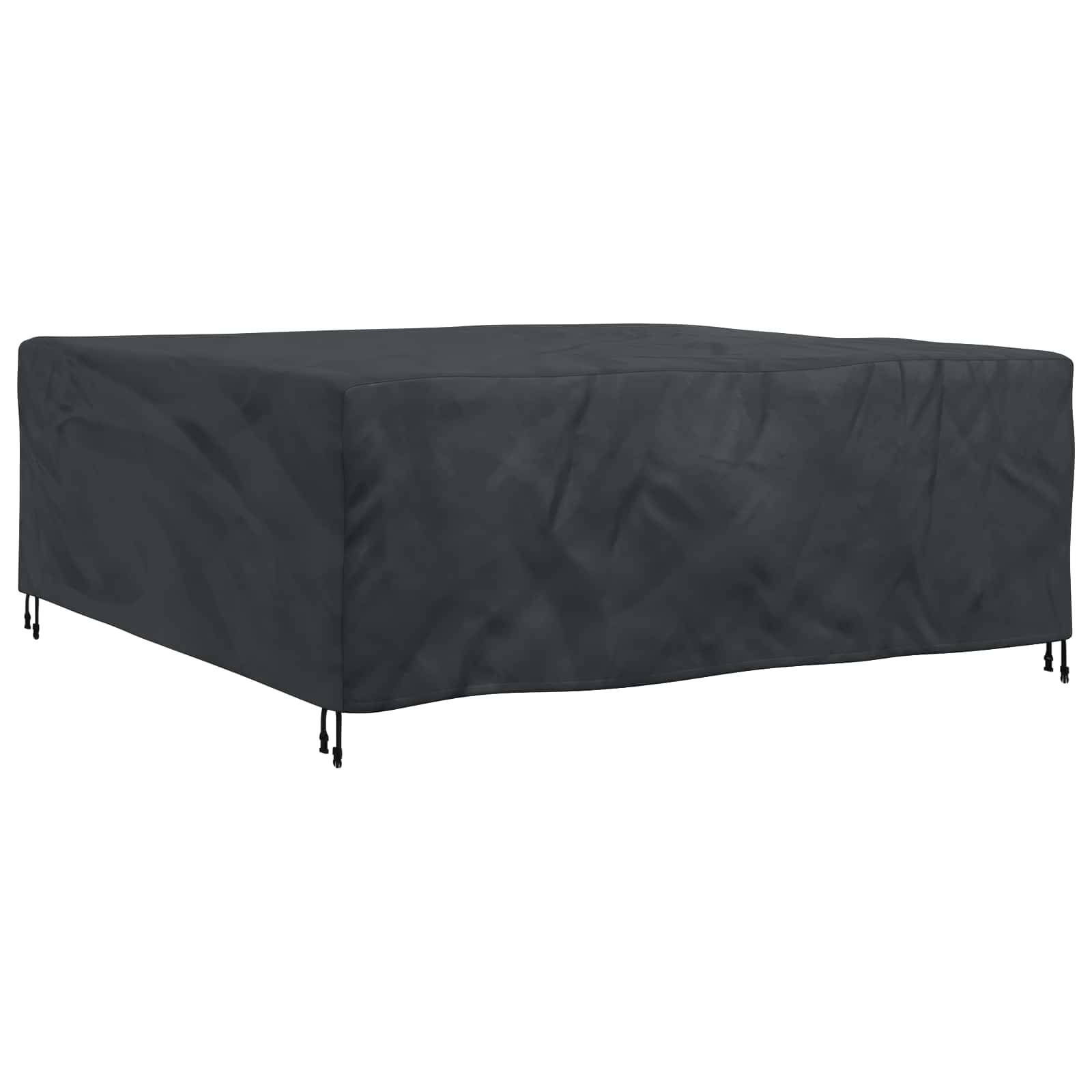 Eine quadratische schwarze Schutzhülle für Gartenmöbel schützt Outdoormöbel, einschließlich Tisch und Stühle, vor Witterungselementen.