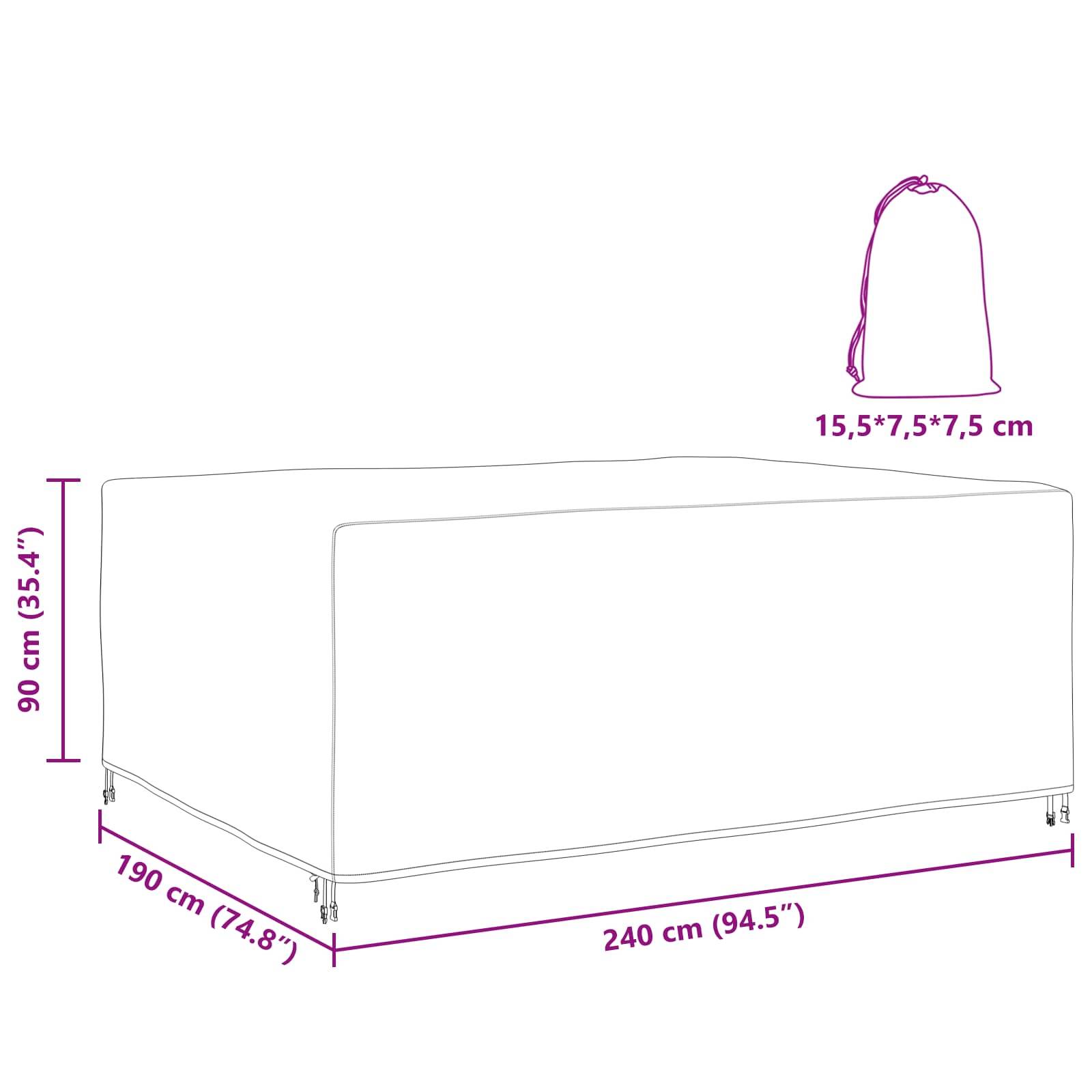 Diagramm mit Abmessungen eines rechteckigen Objekts: 240 cm (94,5
