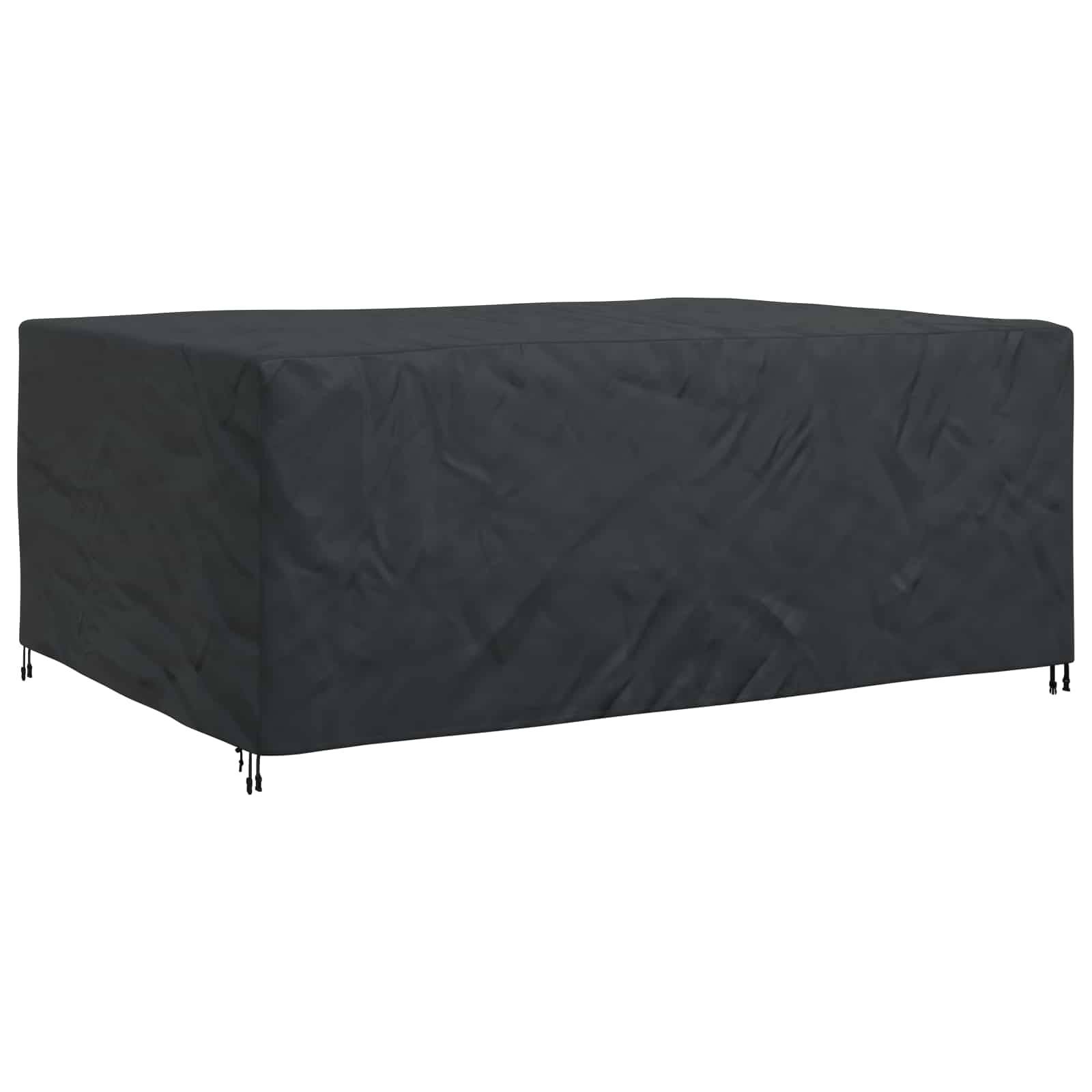 Eine schwarze rechteckige Outdoor-Möbelabdeckung, die zum Schutz vor Wetterelementen entwickelt wurde und vollständig einen großen Tisch oder ein Sofa bedeckt.