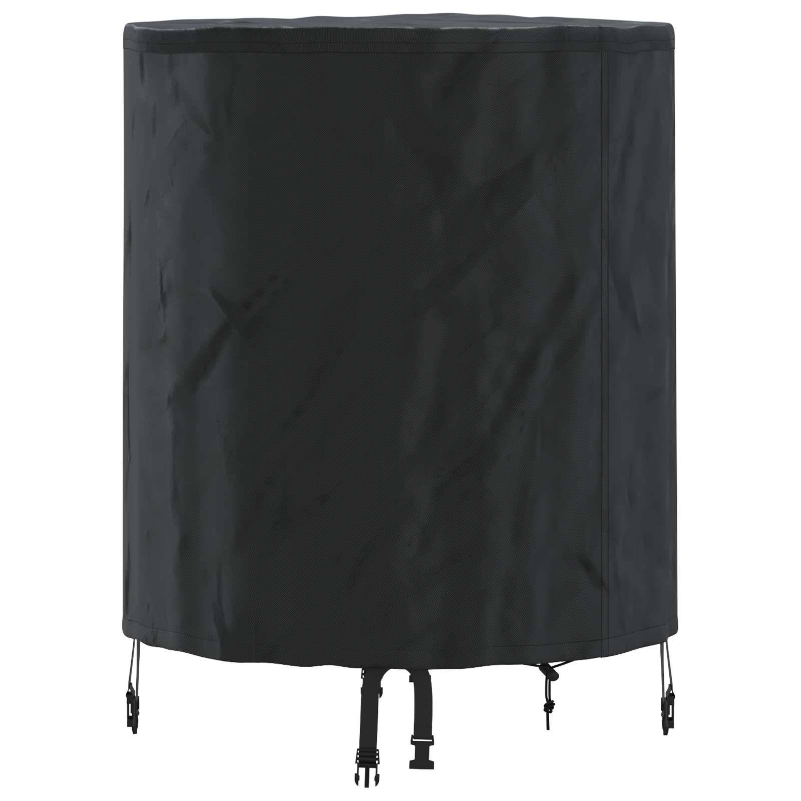 Eine schwarze, zylindrische Außenabdeckung mit verstellbaren Riemen, entwickelt zum Schutz von runden Gartenmöbeln oder Grills vor Wettereinflüssen.