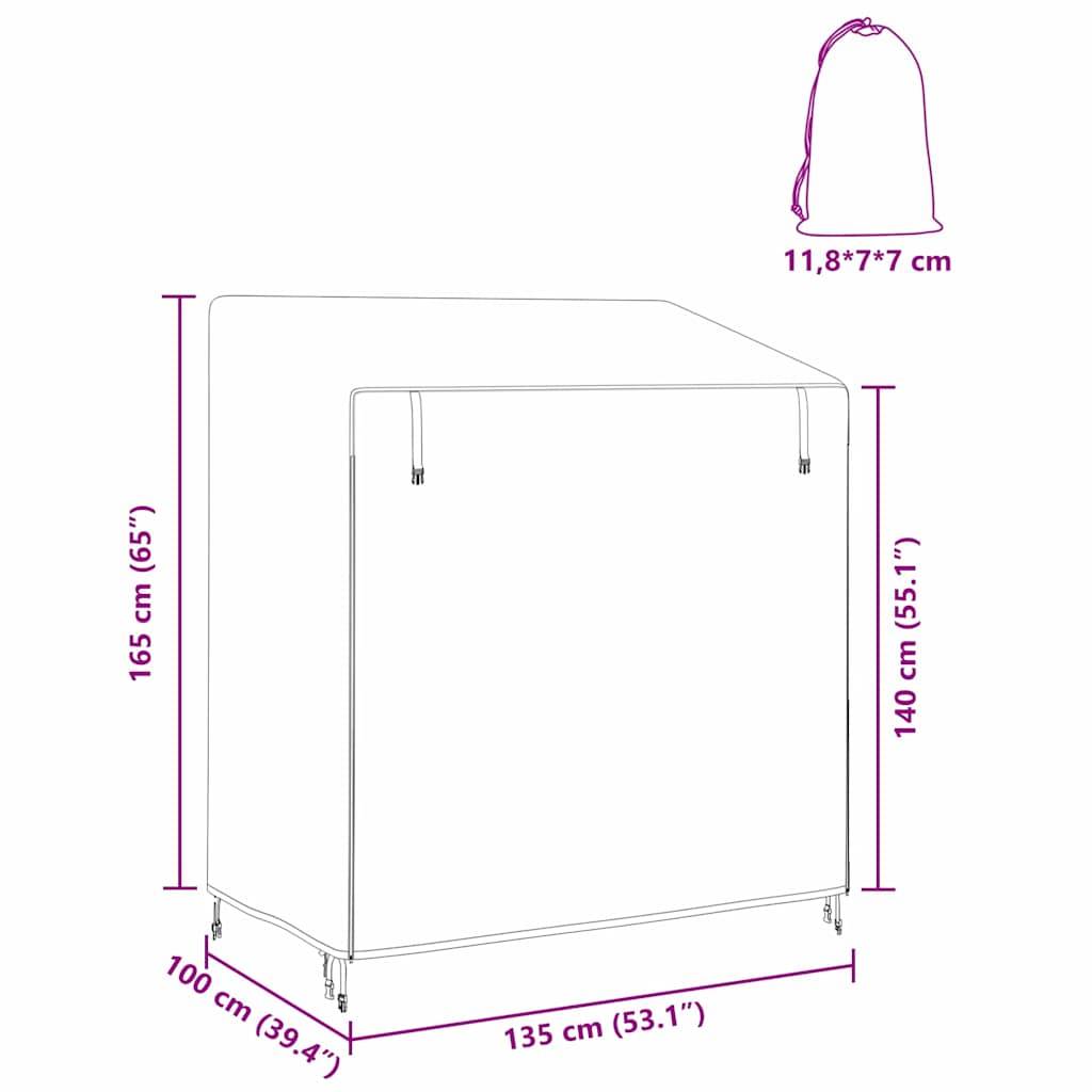 Abmessungen der Abdeckung: Illustration mit Maßen: 165 cm Höhe, 135 cm Breite, 100 cm Tiefe. Enthält einen Aufbewahrungsbeutel mit den Maßen 11,8*7*7 cm.