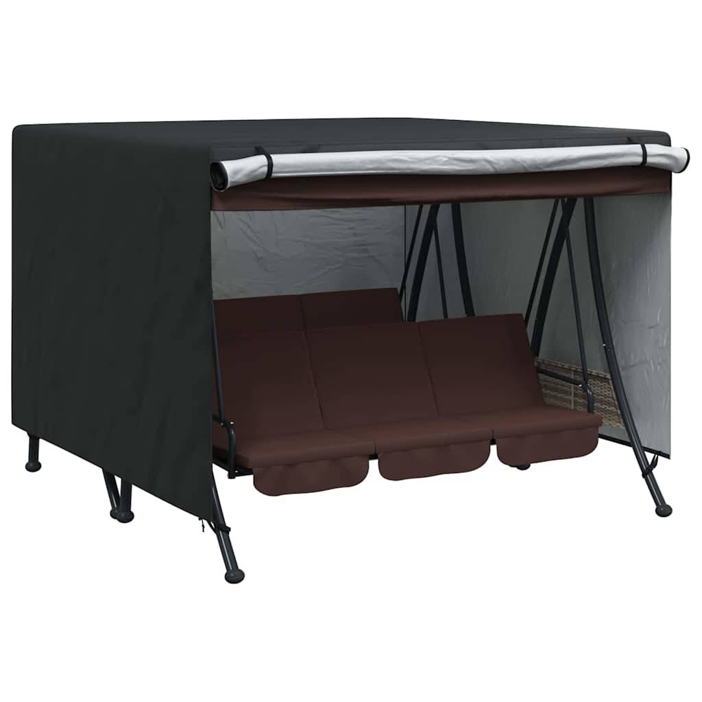 Eine braune, gepolsterte Schaukel steht unter einem dunkelgrünen Baldachin, der an einem Metallgestell befestigt ist, ideal für Entspannung und Schatten im Freien.