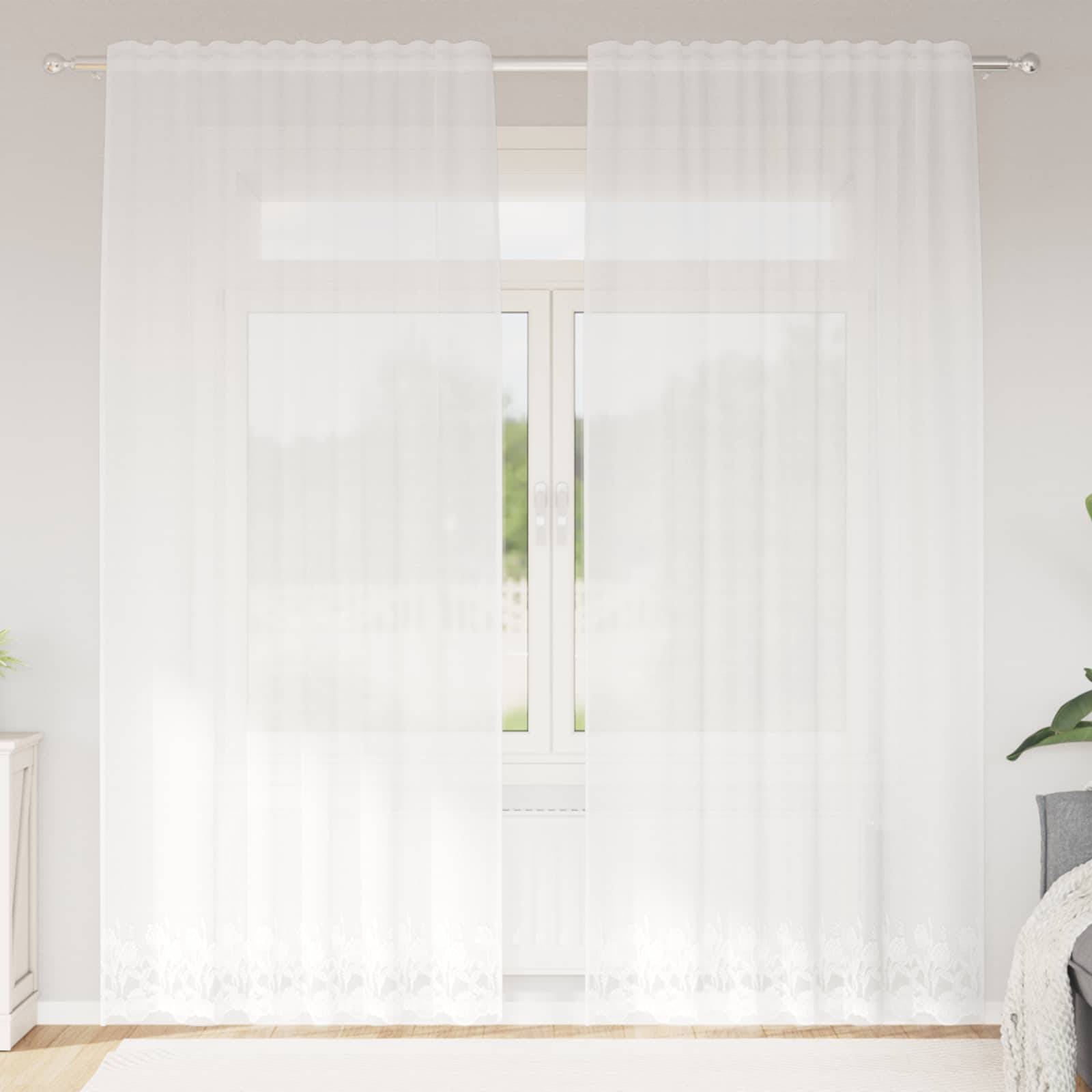 vidaXL Spitzenvorhang mit Vorhängen Floral Weiß 200 x 150 cm Polyester