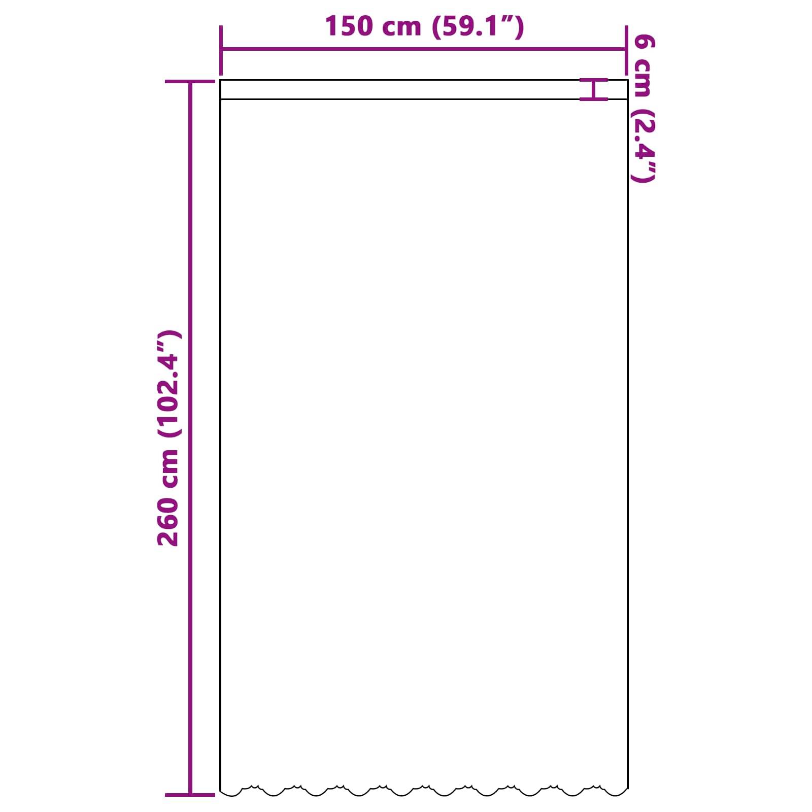 Illustration eines Vorhangs mit Abmessungen: Breite 150 cm (59,1 Zoll), Höhe 260 cm (102,4 Zoll), obere Falte 6 cm (2,4 Zoll).
