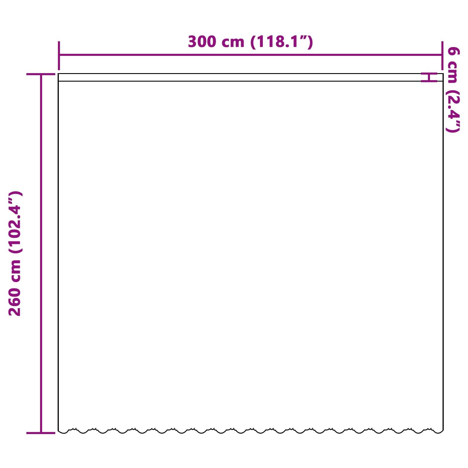 Ein unkompliziertes Diagramm, das ein vertikales Rechteck mit den Maßen 260 cm mal 300 cm zeigt, beschrieben als ein Vorhang mit beschrifteten Abmessungen.