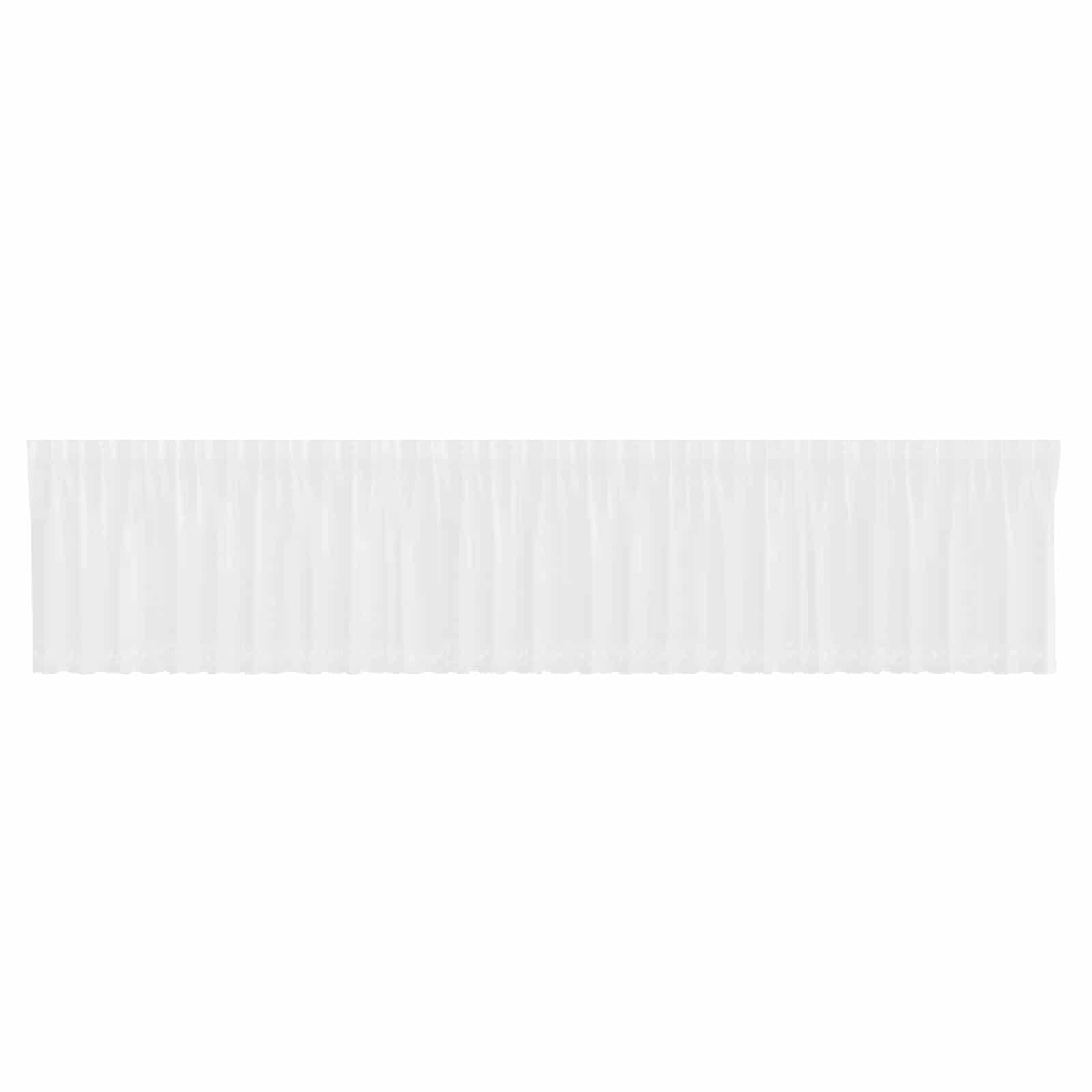 Ein weißer, gefältelter Tischtuchsaum mit subtiler, durchscheinender Textur, geeignet zum Verkleiden von Tischkanten in formellen oder dekorativen Einstellungen.