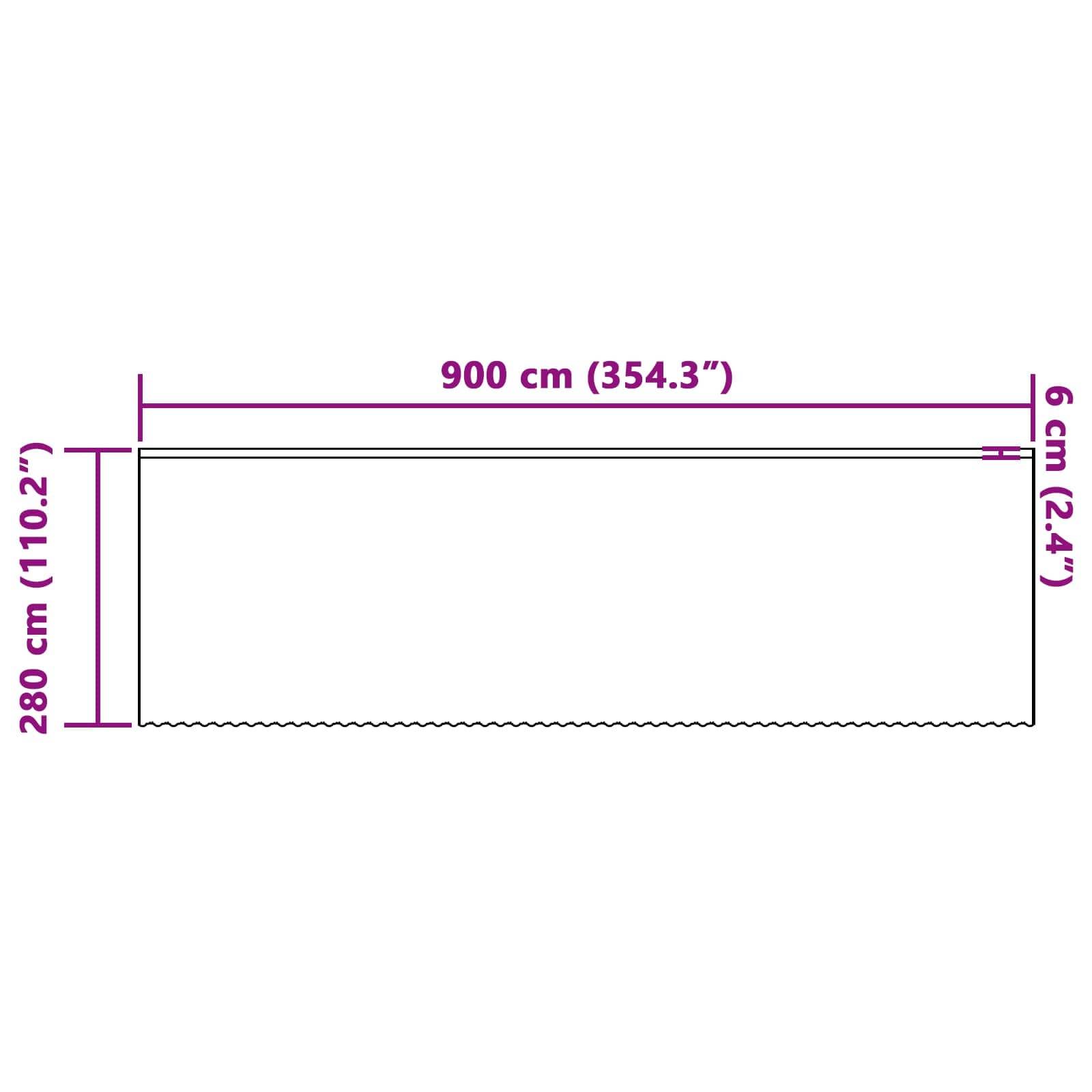 Weißer Pergola-Überzug, 900 cm x 280 cm, mit 6 cm Fransen an den Seiten. Abmessungen in cm und Zoll.