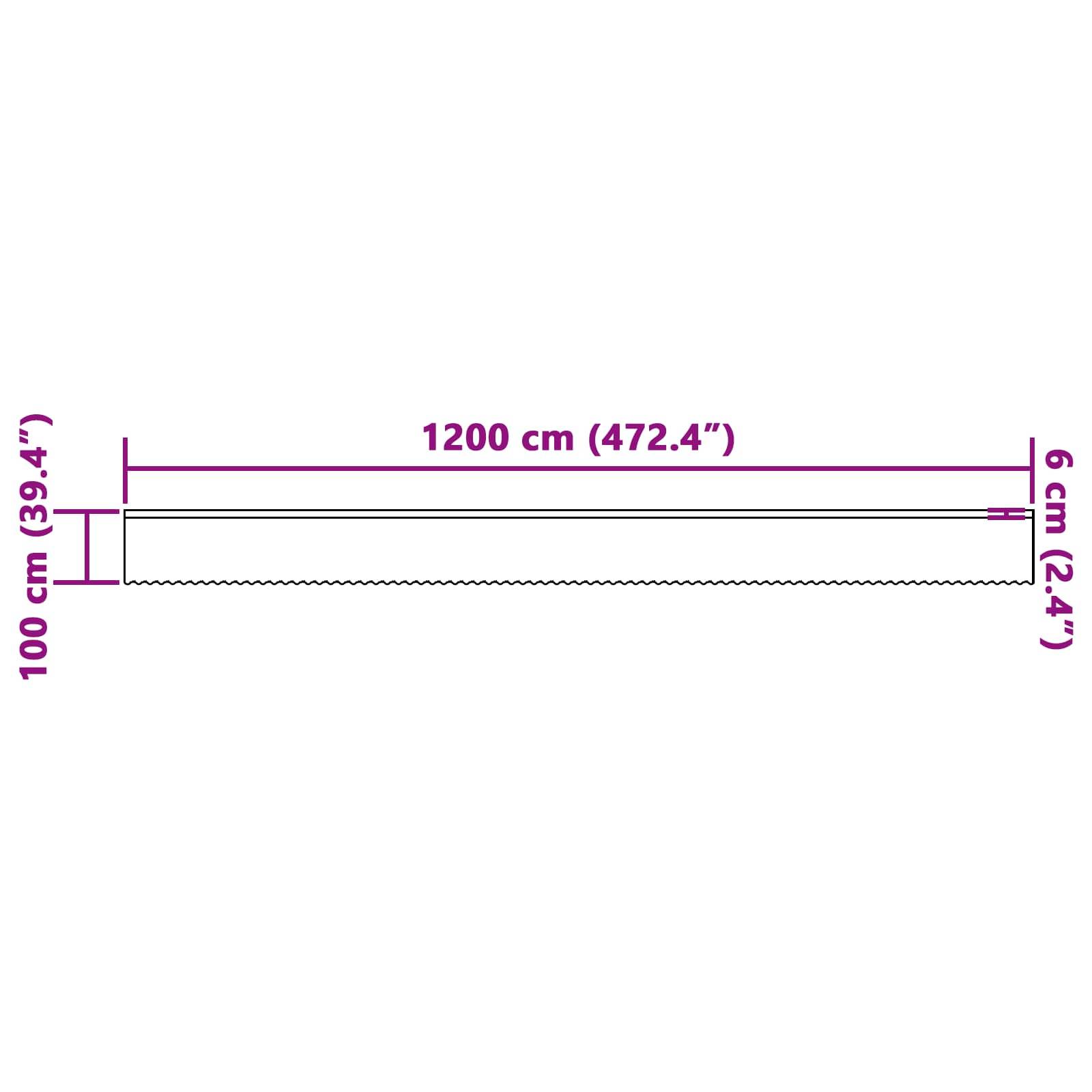 Ein rechteckiger Kasten mit beschrifteten Abmessungen: Länge 1200 cm (472,4"), Breite 6 cm (2,4""), Höhe 100 cm (39,4"").
