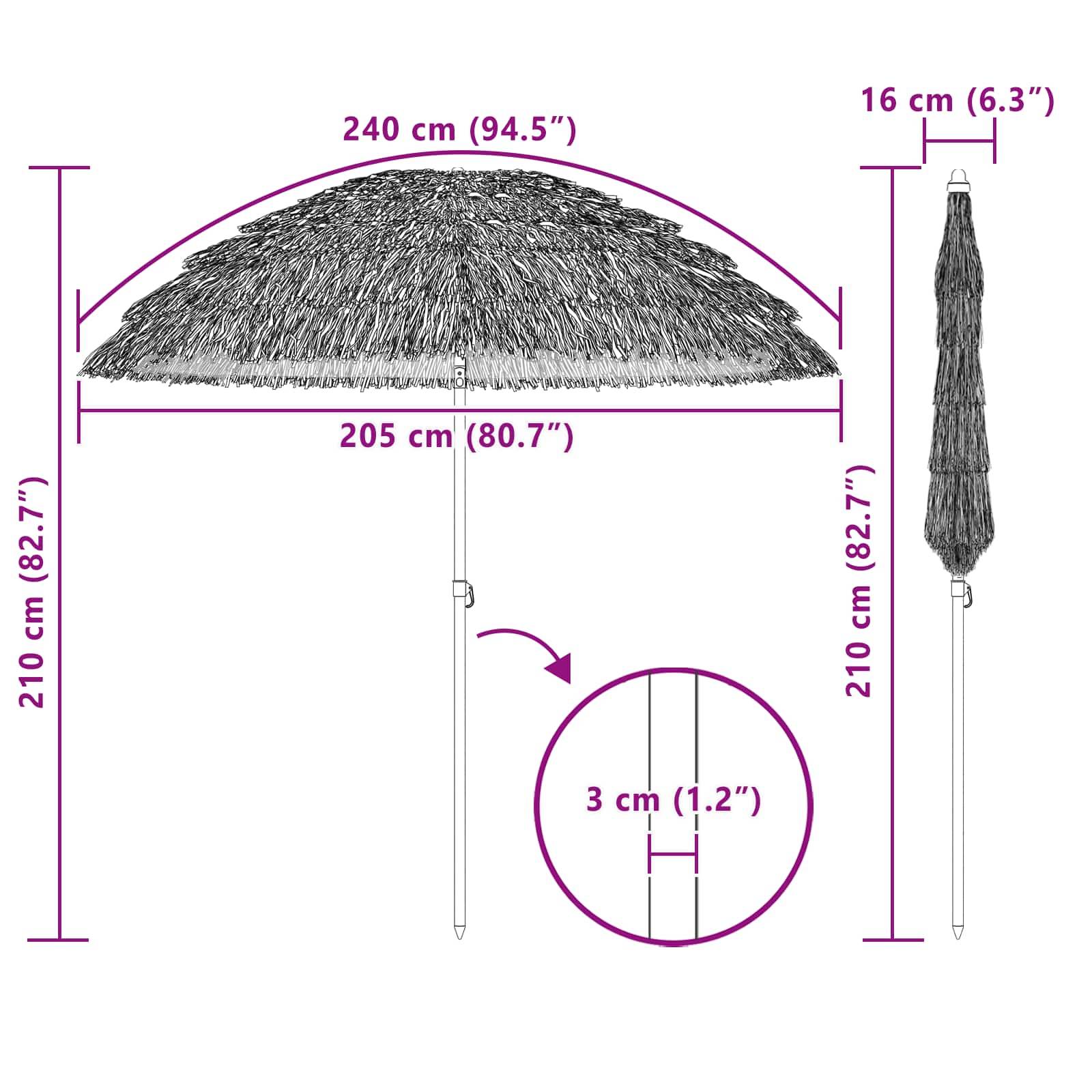 Diagramm der Strohregen­schirm-Abmessungen: Höhe 210 cm, Breite 240 cm geöffnet, Stieldurchmesser 3 cm; Seitenansicht zeigt kompakte Form.