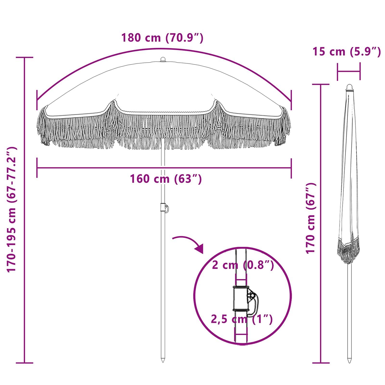 Ein detailliertes Diagramm eines Regenschirms mit Fransen. Er ist 180 cm breit, 170-195 cm hoch und 15 cm zusammengeklappt. Eine Nahaufnahme zeigt einen Poldurchmesser von 2 bis 2,5 cm.