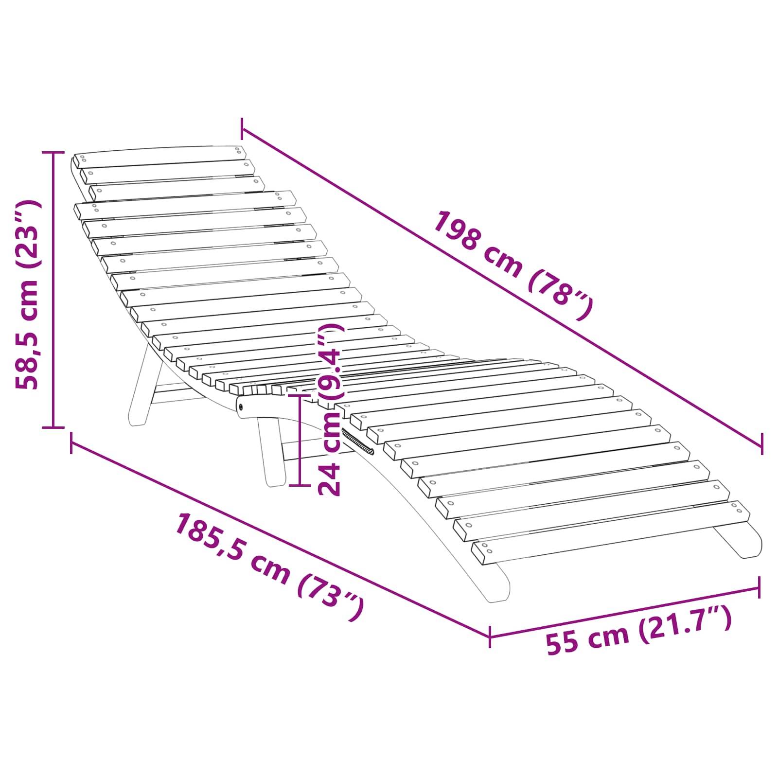 Diagramm eines Loungestuhls mit Maßen: 198 cm (78