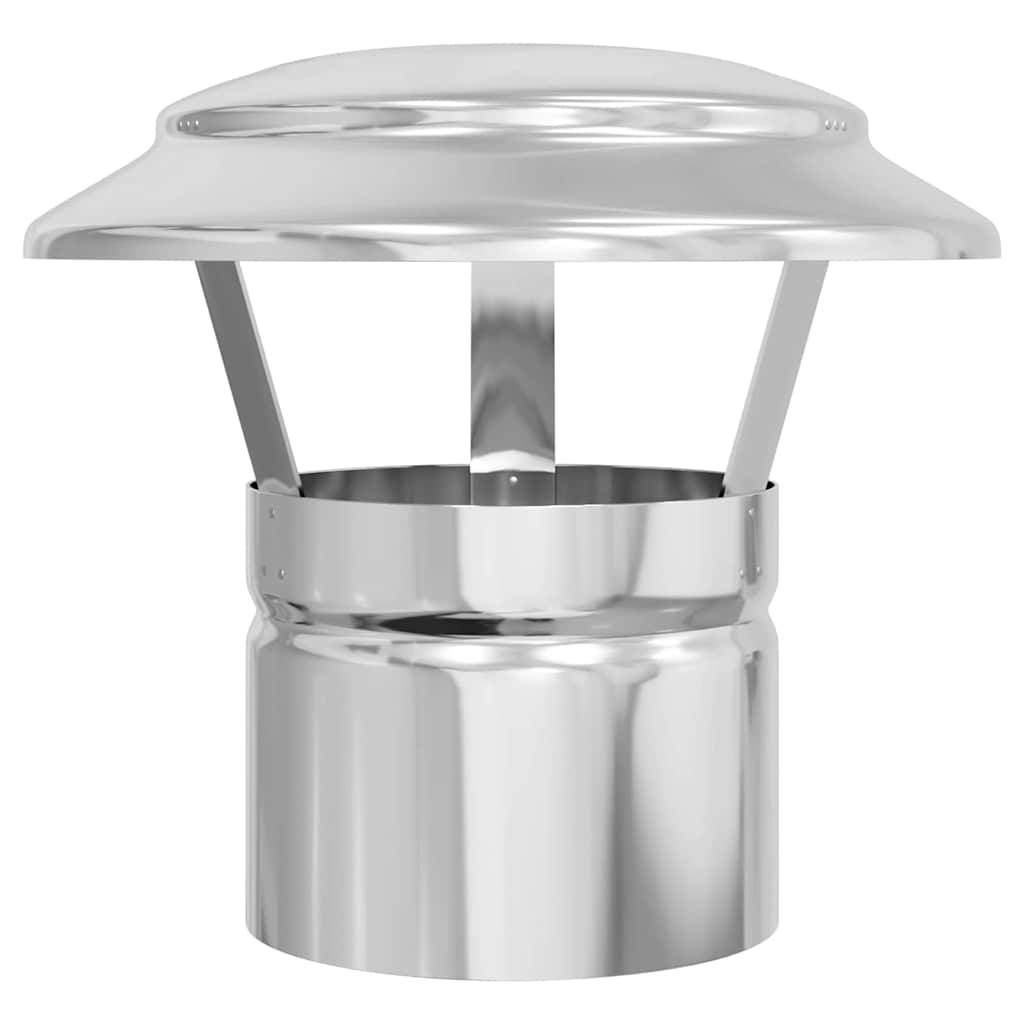 Edelstahlschornsteinkappe mit kreisförmigem Design, ausgestattet mit breiter Deckplatte und vertikalen Stützen.