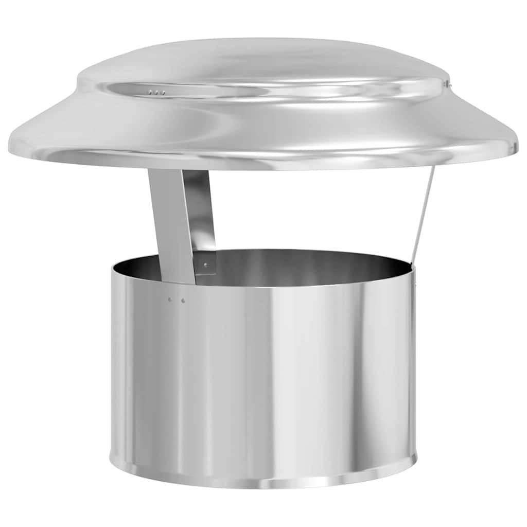 Eine glänzende Metalldachhaube mit breiter Abdeckung und zylindrischer Basis, die entwickelt wurde, um Schornsteine vor Regen und Ablagerungen zu schützen.