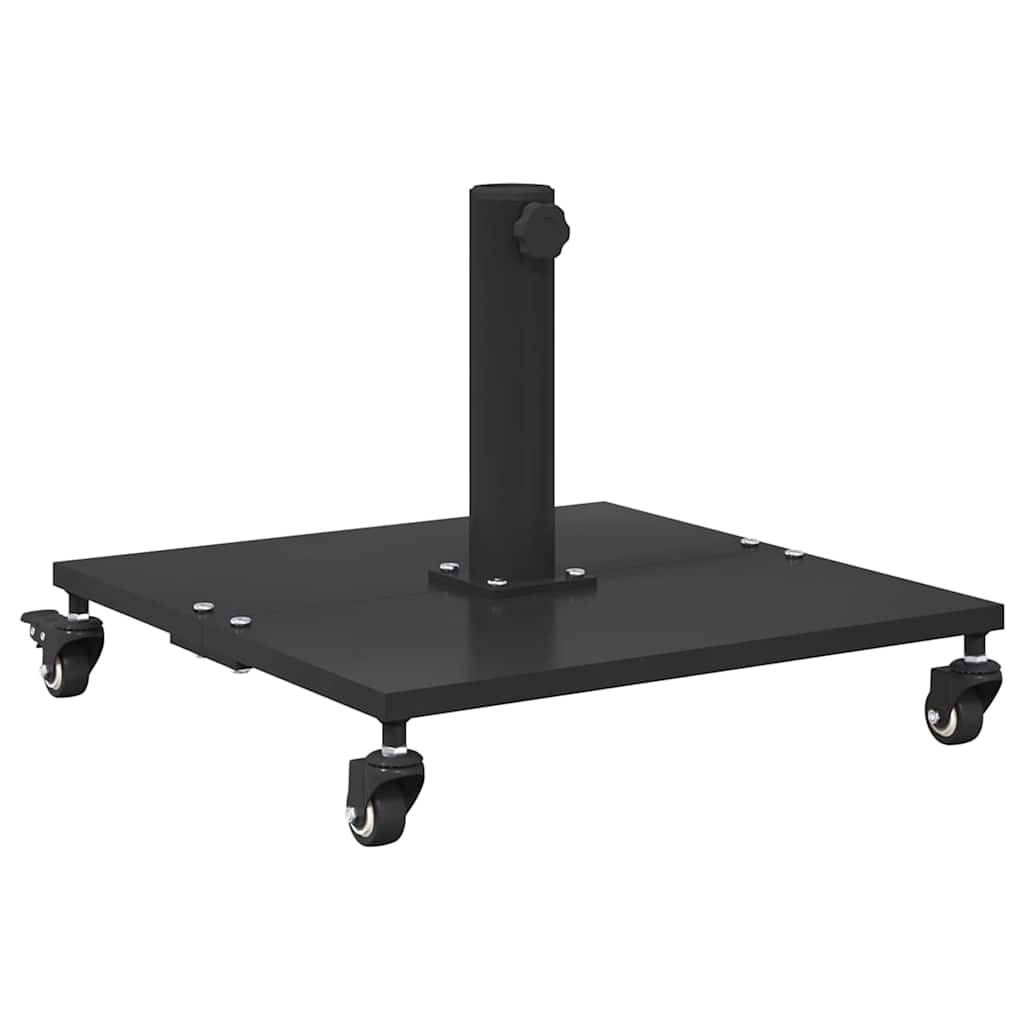 Eine schwarze Rollbasis mit vier Laufrollen und einem zentralen vertikalen Ständer, entwickelt zum Tragen und Transportieren schwerer Ausrüstung.