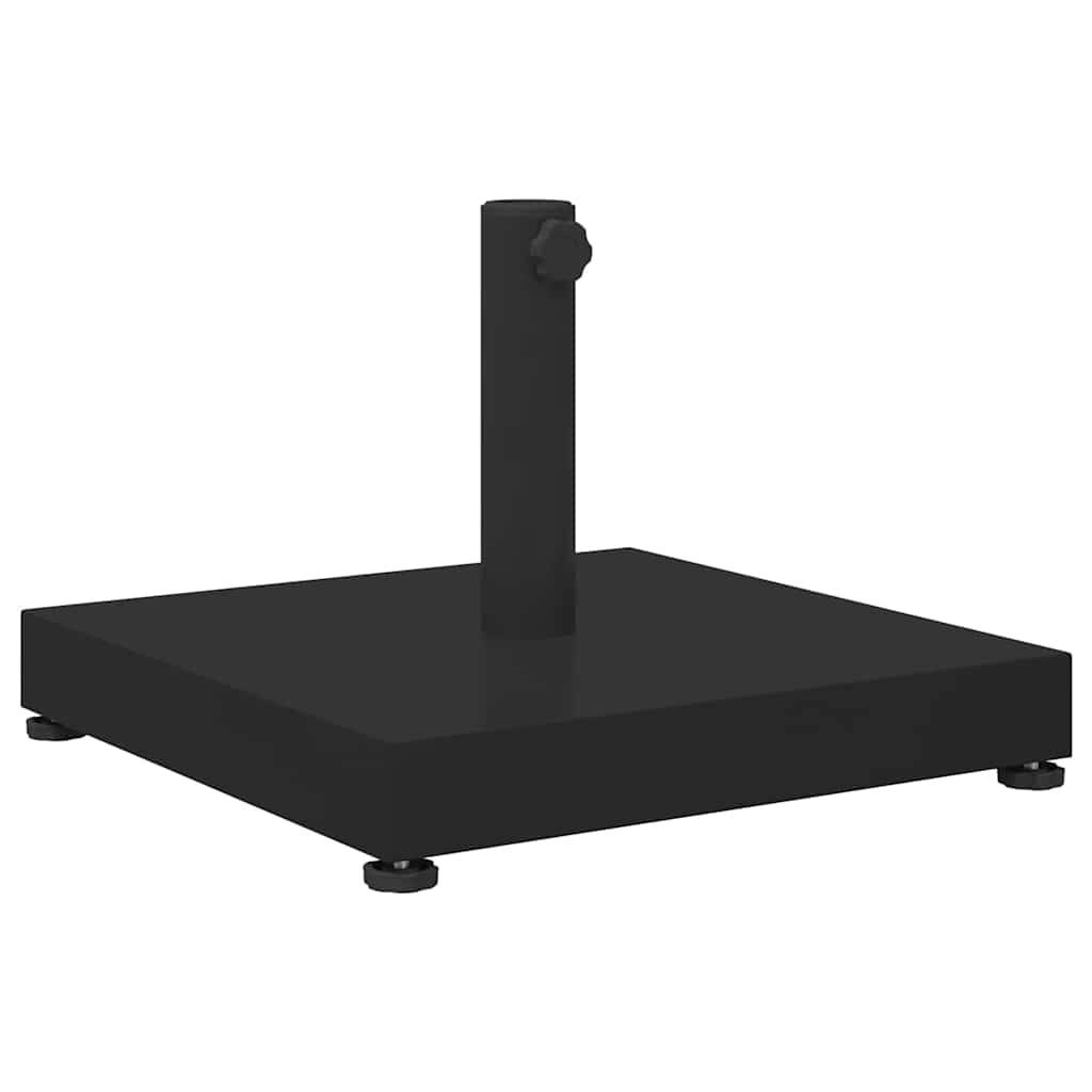 Schwarze quadratische Metallbasis mit einem zentralen vertikalen Pfosten und Nivellierfüßen, wahrscheinlich ein Ständer oder Stützfuß für Ausrüstung oder einen Regenschirm.