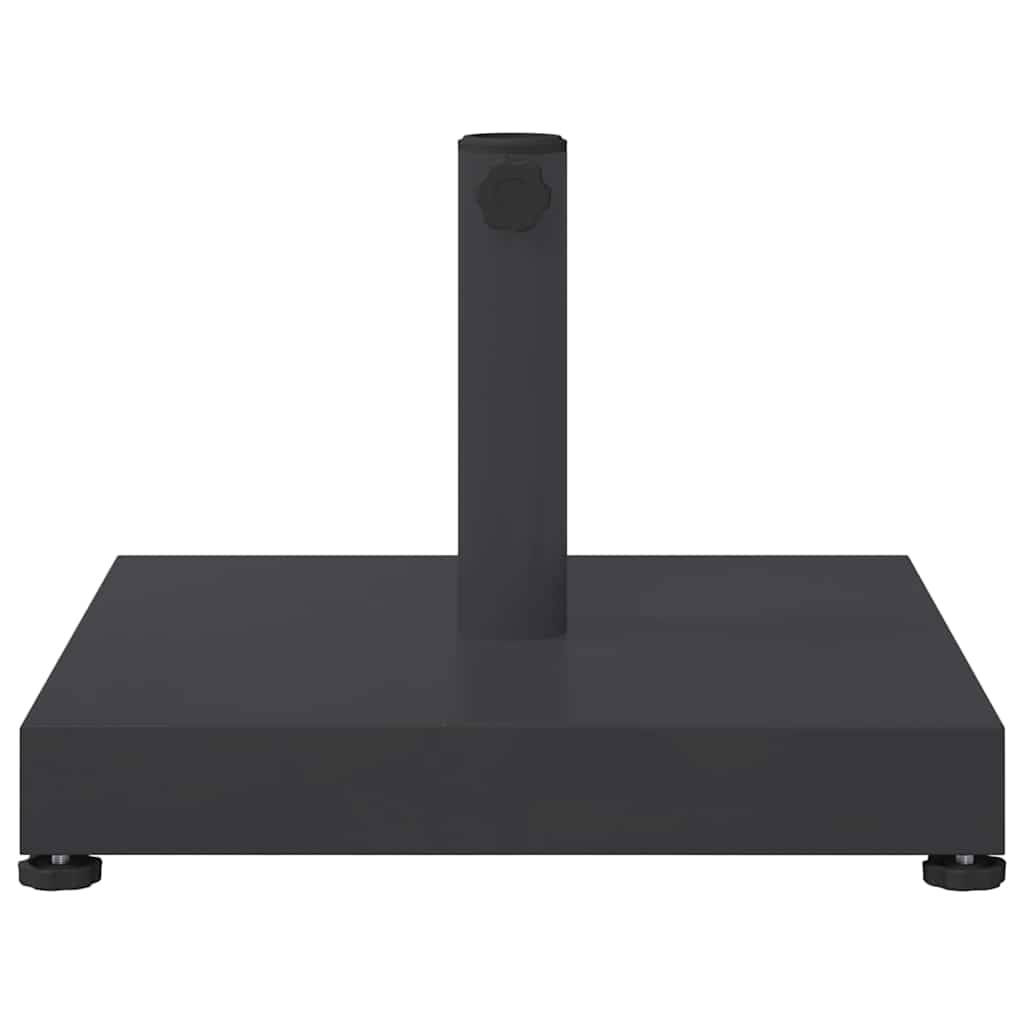 Gewichteter Schirmsockel mit quadratischem Design, ausgestattet mit einem zentralen Stangenhalter und Schwenkrollen an den Ecken für einfache Beweglichkeit.
