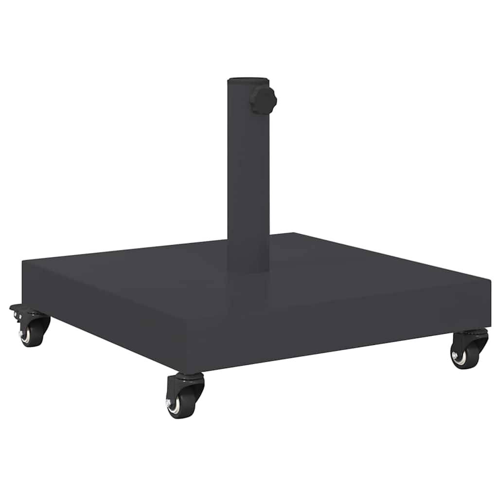 Ein schwarzer Sockel mit vier Rädern, konzipiert für Mobilität. Er verfügt über einen zentralen Pfosten mit einem verstellbaren Knopf, der wahrscheinlich zum Befestigen von Gegenständen dient.