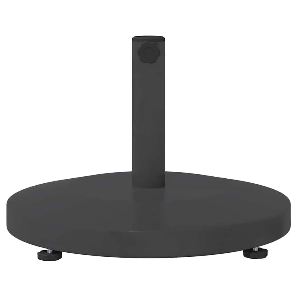 Schwarzer Sonnenschirmständer mit verstellbarer Knebel, rund geformt für Stabilität und Unterstützung.