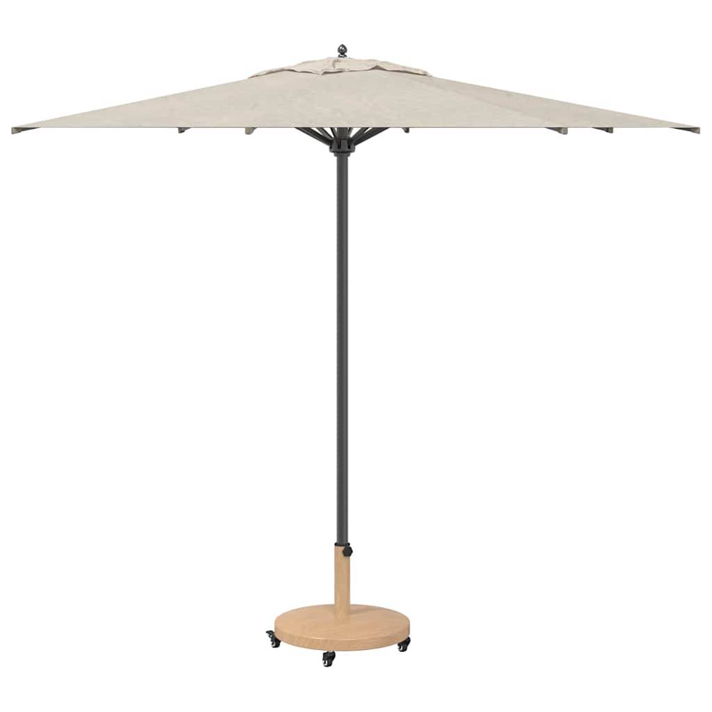 Ein beige Terrassenschirm mit einem schwarzen Mast und einer Holzbase, für den Außenbereich konzipiert.