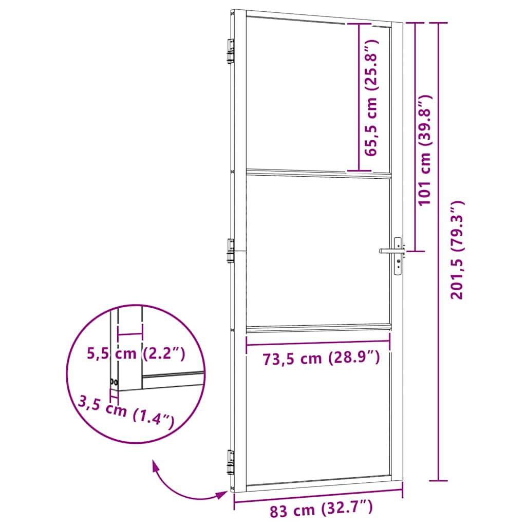 Türdiagramm mit Maßangaben: Höhe 201,5 cm, Breite 83 cm. Wichtige Abschnitte mit ihren jeweiligen Dimensionen in cm und Zoll beschriftet.
