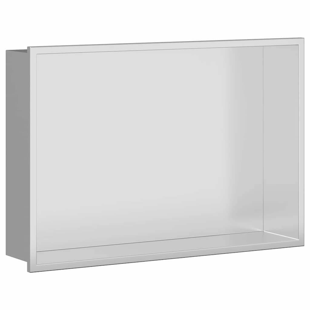 Eine minimalistische, klare, rechteckige Vitrine mit transparentem Glas und einem dünnen Metallrahmen, in der sich nichts im Inneren befindet.