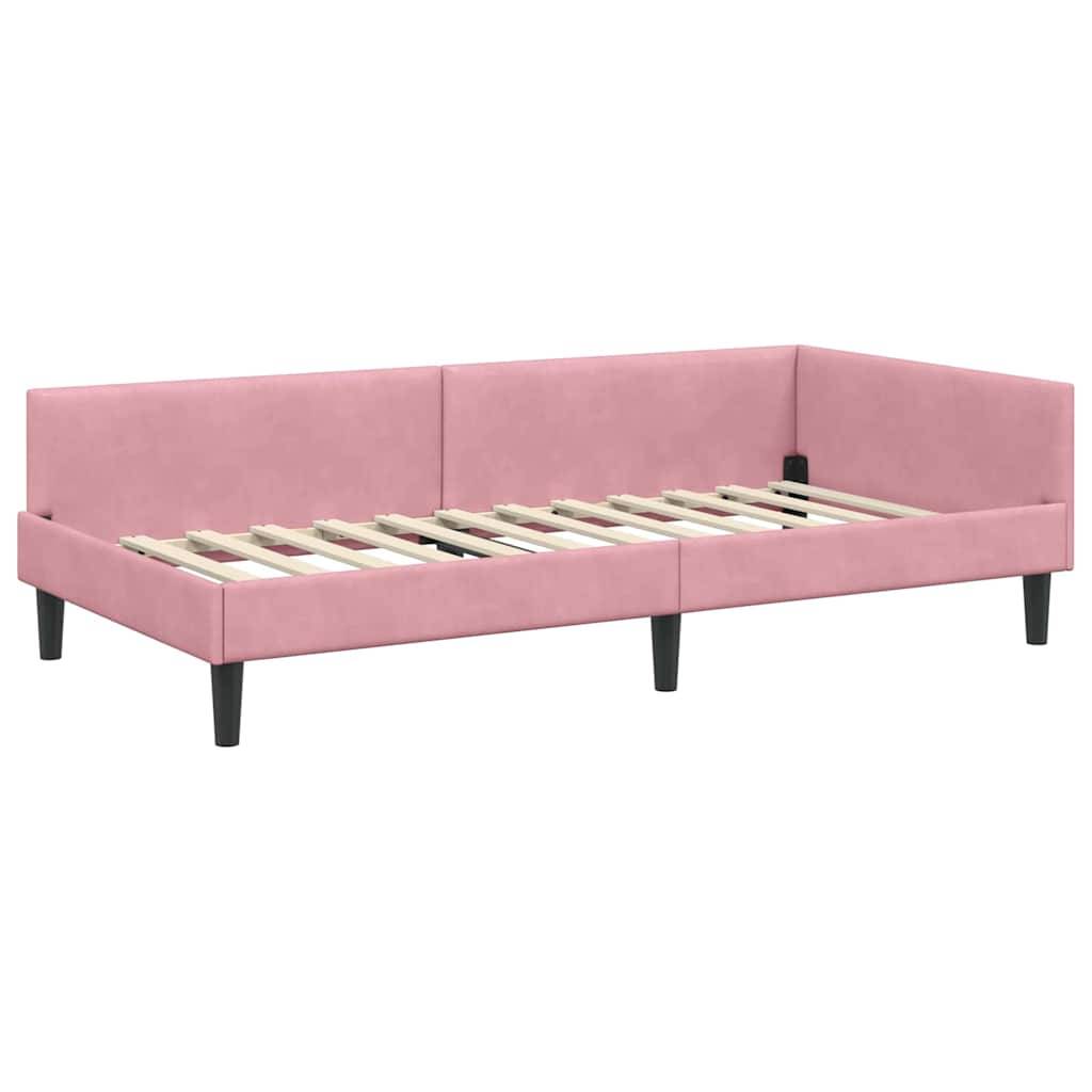 Rosa gepolstertes Tagesbett-Gestell mit Eckdesign und schwarzen Beinen, ausgestattet mit Holzlatten zur Matratzenunterstützung, ohne Matratze.