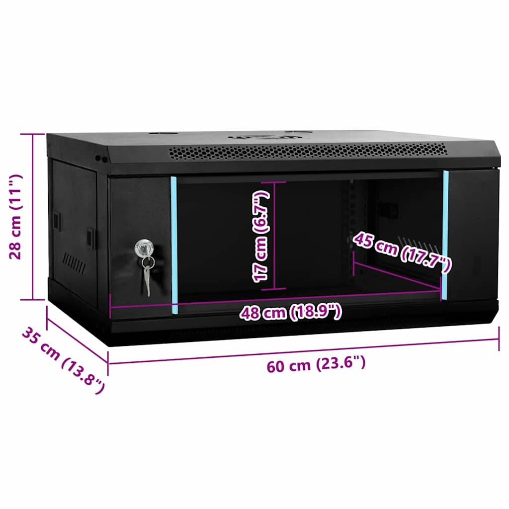 Schwarzer Server-Rack-Schrank mit abschließbarer Glastür, Abmessungen beschriftet: 28 cm (11