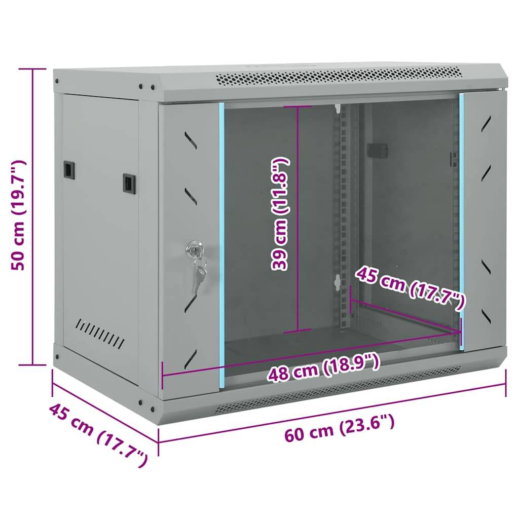 Ein grauer, wandmontierter Serverrack mit beschrifteten Abmessungen: Höhe 50 cm, Tiefe 45 cm, Breite 60 cm, Innenraum 39 cm x 45 cm.