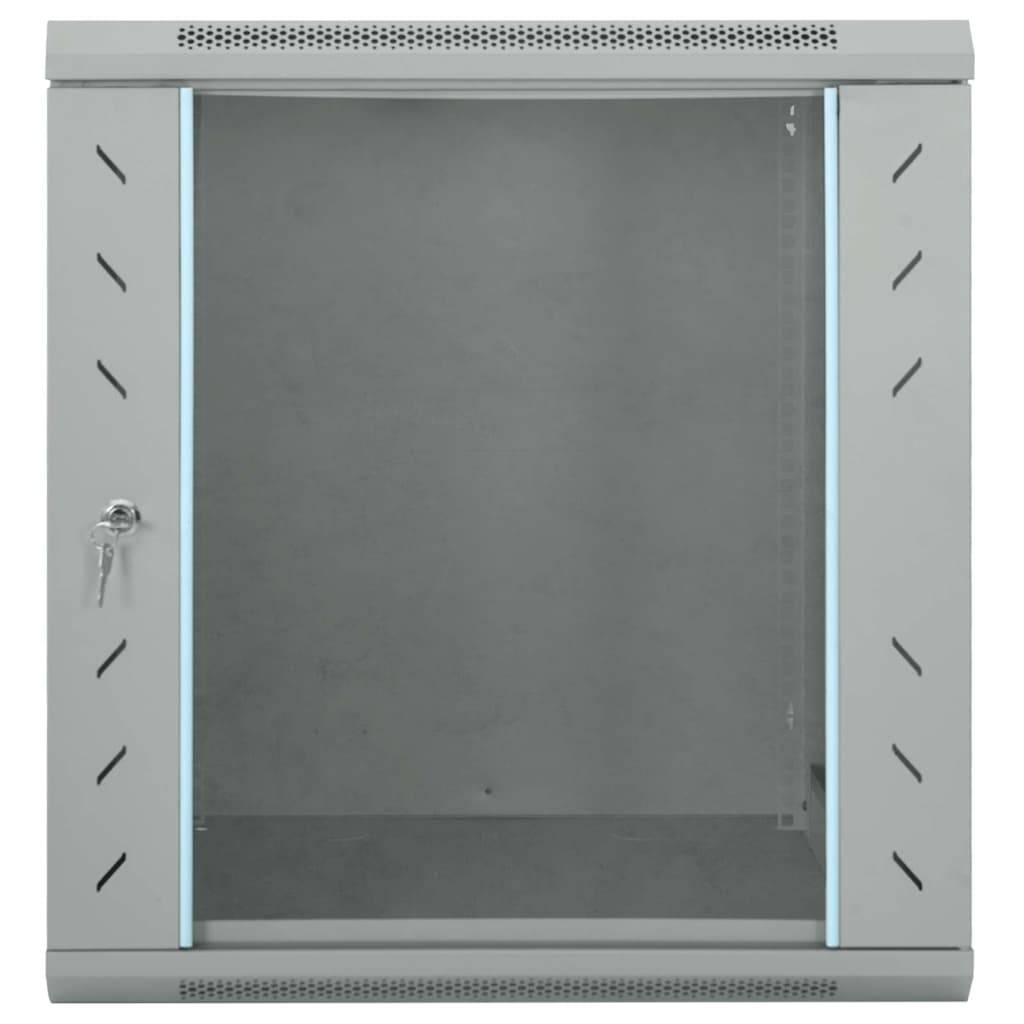 Ein grauer, wandmontierter Metallschrank mit Glastür und Schlüsselschloss, konzipiert für sichere Aufbewahrung.