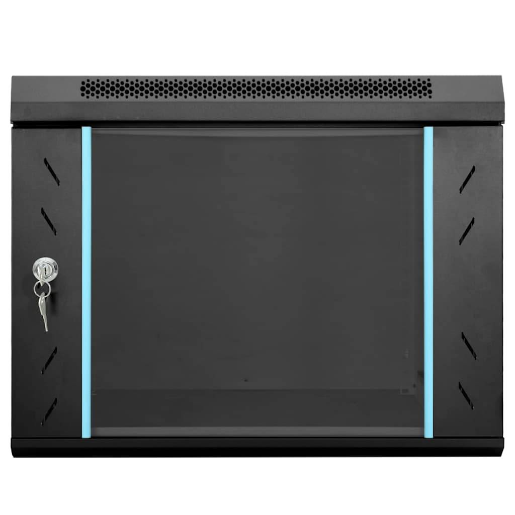 Ein schwarzer, wandmontierter Serverrack-Schrank mit transparenter Frontscheibe, Schloss an der linken Seite und blauen Zierleisten.