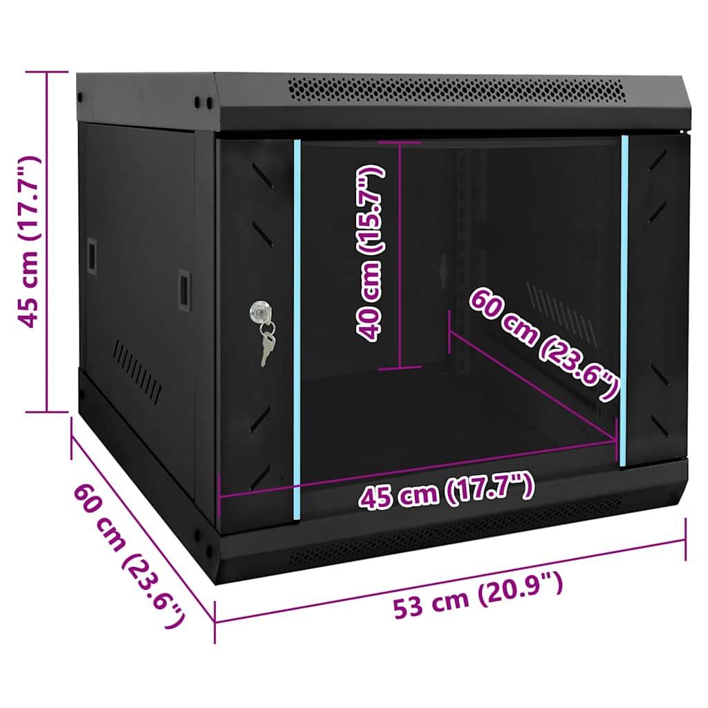 Ein schwarzes Wandmontage-Servergestell mit Abmessungen: Höhe 45 cm (17,7 Zoll), Breite 53 cm (20,9 Zoll), Tiefe 60 cm (23,6 Zoll).