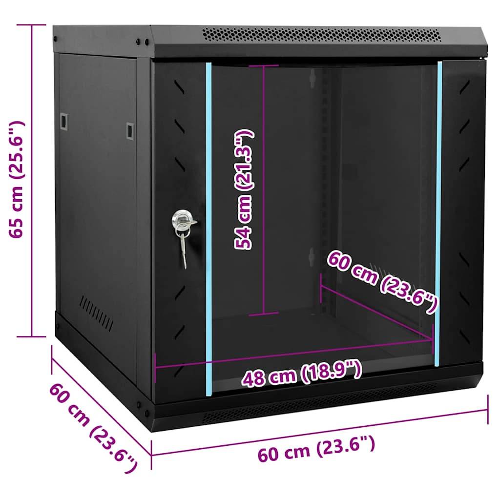 Ein schwarzer, wandmontierter Serverschrank mit den Abmessungen: Höhe 65 cm (25,6