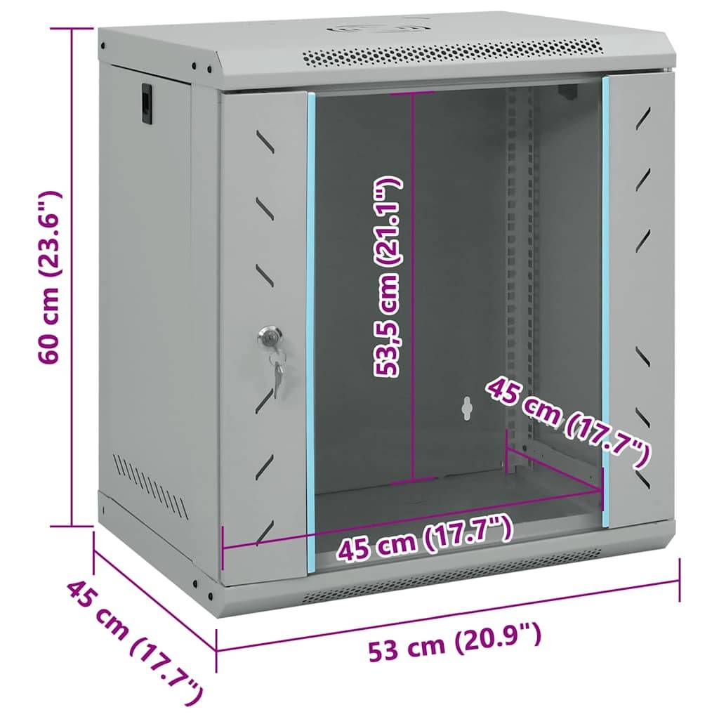 Frontansicht eines grauen Serverrack-Schranks mit einer transparenten Tür, mit Abmessungen: 60 cm Höhe, 53 cm Breite, 45 cm Tiefe.