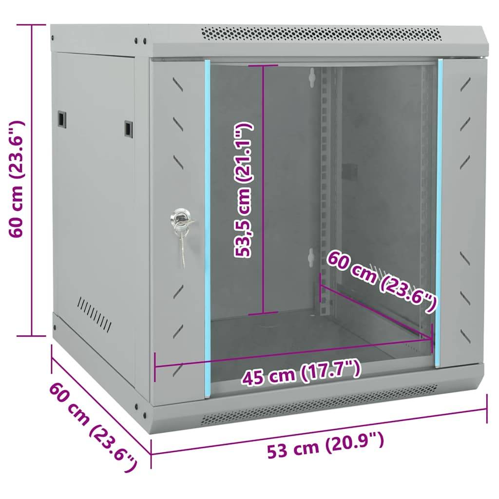 Ein grauer Wandmontage-Serverrack mit einer Glastür, der seine Abmessungen zeigt: 60 cm Höhe, 60 cm Breite, 53 cm Tiefe.